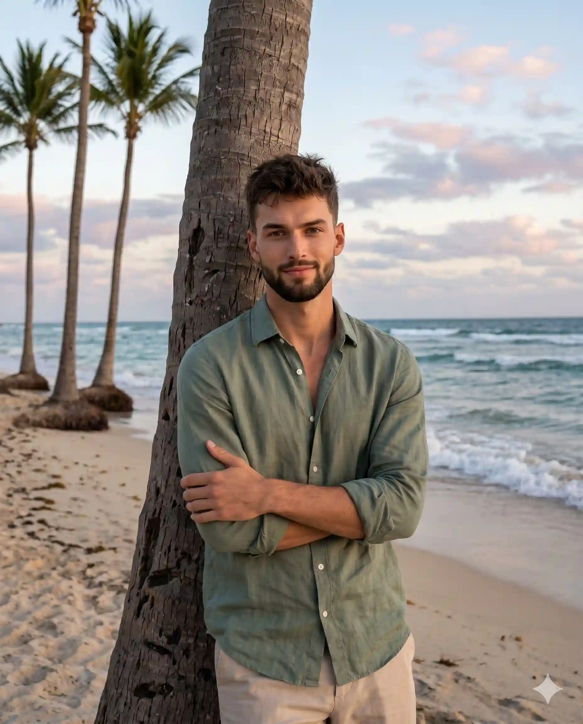 trend prompt: A young male stands in the right-center foreground, featuring short messy textured hair, light facial stubble, and a genuine, approachable, subtle closed smile. He wears a sage green button-down linen shirt left unbuttoned at the top and beige relaxed-fit trousers. His posture is organically relaxed as he leans back with tilted shoulders and shifted weight against a rough, weathered palm tree trunk, his arms casually crossed at his chest with his left hand resting lightly on his right bicep, its fingers visibly curving naturally over the green linen sleeve. He is supported by the thick, dominant palm tree trunk on the right, defined by its heavily textured bark with horizontal ridges, while standing on beige sand marked by uneven organic footprints and ripples. Stretching into the deep midground behind him, gentle ocean waves break on the shore, balanced asymmetrically on the left by three slender, weathered palm trees with tall, thin trunks leaning slightly away from the coastal breeze. Far in the deep background, a clear distant horizon line separates the water from a dusky sky filled with soft, patchy cumulus clouds. The serene scene is bathed in calm, single-source, diffused frontal lighting of moderate intensity, creating a warm golden hour glow. Subtle highlights gently kiss the subject's forehead and cheekbones, as well as the edges of the patchy clouds, while faint, medium-length shadows with soft, gradual edges pool beneath his crossed arms, along the left side of the palm tree trunk, and lightly upon the sand behind him. The environment is enveloped in an analogous, desaturated color palette of sage green, sand beige, soft sky blue, dusky pink, and tree trunk brown, generating a soft, low-contrast atmosphere. Captured with a digital photography travel blogging aesthetic using a 35mm or 50mm lens and an aperture between f/4.0 and f/5.6 to maintain a deep depth of field that keeps the ocean and distant trees relatively in focus, the image features a slightly soft sharpness enhanced by ISO 400 digital noise grain. Post-processing introduces lifted blacks for a faded film look, a warmed white balance, and muted greens, culminating in a realistic portrait framed in a 4:5 aspect ratio.
