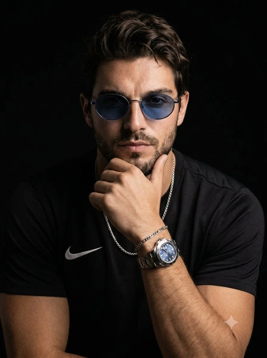 trend prompt: A dramatic, low-key studio portrait of a handsome man with styled, wavy dark brown hair and short stubble beard, looking directly into the camera. He is wearing round, thin-framed sunglasses with tinted blue lenses, a black t-shirt with a subtle white athletic logo on the right chest, a silver chain necklace, and a silver luxury sports watch with a blue dial. He is posing with his hand resting thoughtfully under his chin, showcasing a silver chain bracelet on his wrist. Intense, cinematic key lighting from the side highlights his facial features and arm texture, contrasting sharply against a solid, pitch-black background. High-fashion photography style, sharp focus, 8k resolution, moody atmosphere.