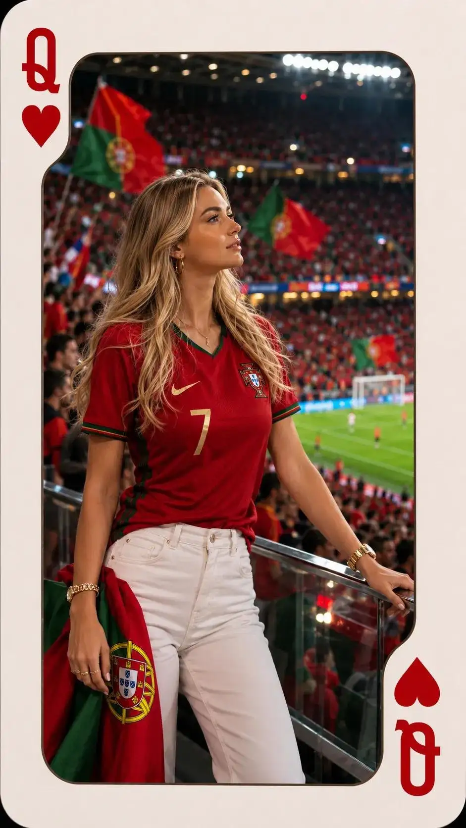 trend prompt: Ultra-realistic sports fashion portrait inside a Queen of Hearts playing card design. A beautiful blonde woman standing in a packed football stadium VIP section, looking thoughtfully toward the pitch. She is wearing a Portugal national team red jersey with green trim, number 7, fitted white high-waisted jeans, gold watch, gold bracelets, and hoop earrings. Holding a Portugal flag draped at her side.Massive stadium crowd filled with red and green supporters, Portuguese flags waving, bright floodlights, shallow depth of field, cinematic bokeh. The woman is sharply focused, photorealistic skin texture, detailed hair strands, luxury fashion photography style, editorial sports magazine aesthetic. Playing card frame with large red Queen and heart symbols in opposite corners, rounded innerwindowc.