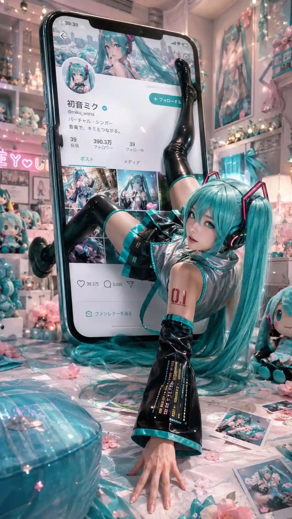 trend prompt: ｛ 风格：3D Pop-out Social Media Portrait 海报风格； 内容：主体为来自【作品】的【角色】cosplay 写实照片人物。请根据【角色】在原作中的设定，自动还原其最具辨识度的五官气质、发型发色、瞳色、妆容、服装轮廓、标志性配色、饰品、道具与角色氛围，确保人物一眼可被识别。若提供参考图，则脸部、发型、妆容与服装细节必须严格保持与参考图一致，不改变五官、发型、妆容与衣服设计。 人物坐在一个巨大的智能手机屏幕中，整体构图像日系 ins 风社交媒体个人主页界面。人物采用强烈广角透视构图，从手机画面中"突破"出来，背对着镜头，微微侧目回头，即将破出屏幕摔，后仰的快要摔倒地上，身材傲人，一只脚勾住手机边框，另一只脚勾住屏幕顶端，营造强烈 3D pop-out、夸张景深与冲出屏幕的视觉冲击感。 手机 UI 为原创的高级社交媒体界面设计，【平台】UI界面，风格类似真实社交平台但不要直接复制任何真实平台 UI。界面包含：用户名、头像、粉丝数、Follow 按钮、帖文缩略图、点赞、评论、分享等元素。整体 UI 设计需高级、时尚、干净、精致，具有日系社交媒体个人主页氛围。 背景是一个与【作品】和【角色】气质相匹配的主题房间：房间内堆满与【作品】相关的玩偶、角色周边、海报、拍立得、cosplay 照片与收藏品；墙上贴满角色写真、同人风海报、胶片照片与装饰贴纸；加入大量符合【作品】世界观的装饰元素、主题道具、花枝、漂浮花瓣、灯串、亚克力立牌、收藏柜与日式 idol 房间氛围。背景需要体现强烈粉丝房间、二次元潮流空间、梦幻收藏屋的感觉。 整体色调根据【角色】的标志性配色自动匹配，并以珍珠白作为高级底色，加入角色主色、少量粉色点缀与柔和高光。整体风格融合：日系时尚、Y2K aesthetic、idol aesthetic、和风、二次元潮流感、梦幻社交媒体视觉、时尚杂志封面设计。 画面要求：高级商业摄影质感、时尚杂志封面感、电影级打光、超精细皮肤质感、五官清晰、高动态范围、超高解析度、超高细节、明显景深、光影层次丰富、水晶般闪耀高光、画面通透梦幻、真实摄影棚质感、精致后期调色、photorealistic cosplay poster、masterpiece quality。 镜头语言：低角度广角镜头、强烈透视、近大远小、dynamic perspective、cinematic composition，强化人物冲出手机屏幕的震撼感。人物手部、腿部、脚部与手机边框产生明显前后空间关系，手机屏幕、UI 元素、人物身体与背景房间形成多层纵深，营造极强 3D pop-out 社交媒体海报效果。 避免：不要出现真实社交平台 Logo，不要直接复制真实平台 UI，不要改变【角色】核心外貌特征，不要错误服装设计，不要多余手指，不要畸形手部，不要多余肢体，不要低清晰度，不要塑料感，不要过度 AI 感，不要文字乱码，不要水印，不要字幕。 【角色】：【初音未来】中不同的【角色】｝