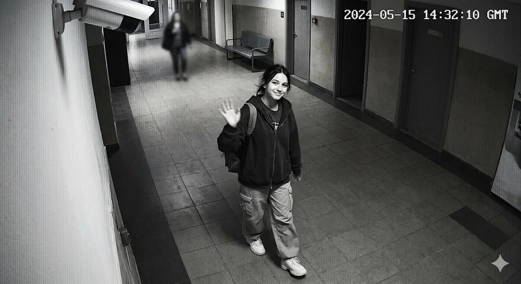 trend prompt: Generate a image CCTV-style surveillance footage capturing a stylish teenage girl walking past a security camera. She pauses, looks directly up into the lens with a bright, friendly smile, and waves her hand casually. Her movements are candid and natural, yet carrying a subtle, confident, model-like poise. She is wearing a casual, modern outfit, walking through an indoor public space such as a hallway or a lobby. The shot is captured from a high-angle security camera perspective utilizing a slightly distorted wide-angle lens. The visual quality is intentionally low-resolution and desaturated, nearly monochrome, to mimic authentic security footage. A digital timestamp overlay ticks in the corner, while subtle scan lines, digital noise, and heavy compression artifacts overlay the video. There is realistic motion blur on her wave, uneven lighting across the space, and harsh shadows. The entire frame has a grainy texture, embodying a raw, unpolished, and documentary-style surveillance aesthetic.