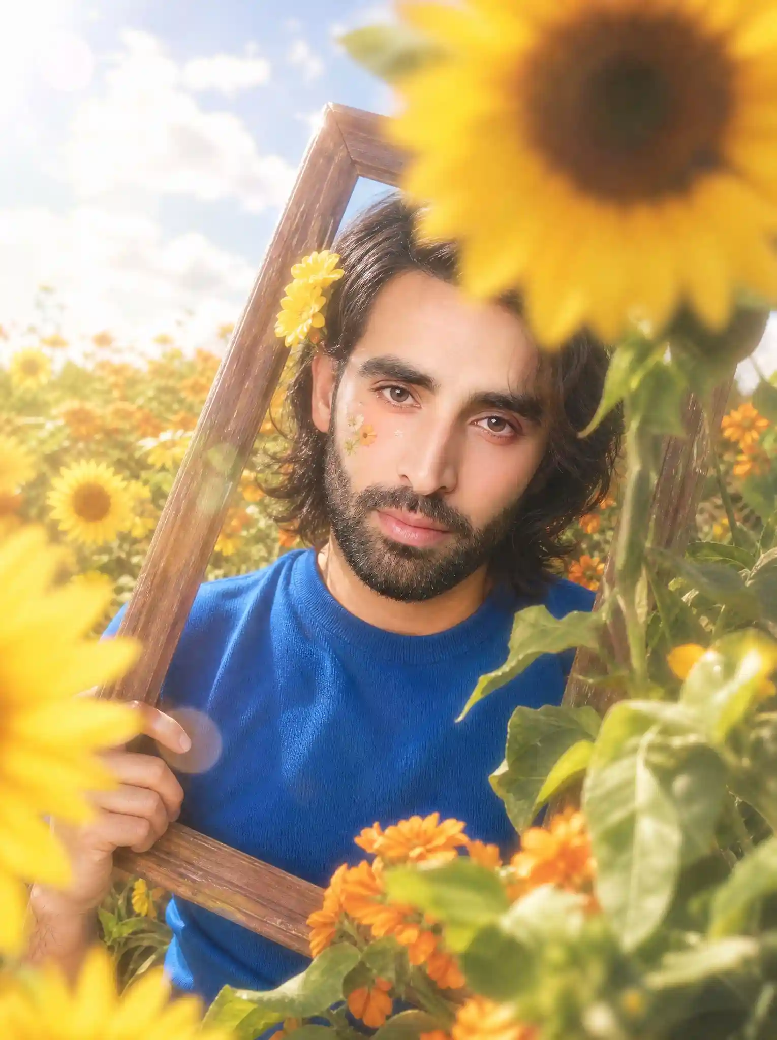 trend prompt: A very tight vertical frame with strong crop pressure, the subject positioned inside a dense sunflower and orange flower field while partially framed by a large tilted wooden picture frame near the center of the image. Large blurred sunflower blooms dominate the upper-right foreground and left foreground edges, partially blocking the frame and subject. The wooden frame leans diagonally from lower-left toward upper-right, surrounding the face and upper torso area while several edges are cropped by foreground flowers and frame borders. Pale blue sky with soft white clouds occupies the upper-left background, with dense green foliage and orange flowers filling the lower and middle background. Preserve the exact asymmetrical placement and tight crop without revealing more body or environment. The face appears near the upper-center area inside the wooden frame, tilted slightly downward toward viewer's left, eyes open wide directed toward the camera axis, pupils centered, lips softly closed with a slight pout shape and faint glossy pink color. Makeup is soft and bright with pale pink blush, peach-pink eyeshadow, subtle eyeliner, glossy pink lips, smooth bright skin with warm highlights. Small flower stickers remain visible on the cheek. Dark medium-length hair falls around both sides of the face and shoulder area with loose strands near the forehead and cheek, a yellow flower accessory tucked into the hair near the viewer's left side of the head. One hand grips the lower-left side of the wooden frame while the other arm remains lower and partly hidden by flowers and leaves. Clothing must remain unchanged: a vivid cobalt-blue short-sleeve knit top, close-fitting over the upper torso, with a simple round crew neckline sitting close to the base of the neck, smooth fine-knit fabric texture, short sleeves ending around the upper arm, sleeve edges slightly curved around the arms, fabric softly stretched across the chest and shoulder area with mild natural folds and highlights, no visible logo or pattern. Dense sunflower leaves and stems overlap the lower foreground and right side with several leaves and flowers heavily blurred and cropped by the frame edges. Bright warm sunlight creates strong dreamy haze, pale overexposed highlights, and soft translucent lens flare artifacts near the upper-left and lower-left areas. Dreamy soft-focus image quality, reduced edge sharpness, shallow depth of field, blurred foreground flowers, and soft yellow-green background separation. Preserve the soft haze, bloom lighting, blur, overexposed highlights, and dreamy low-detail quality exactly as visible.