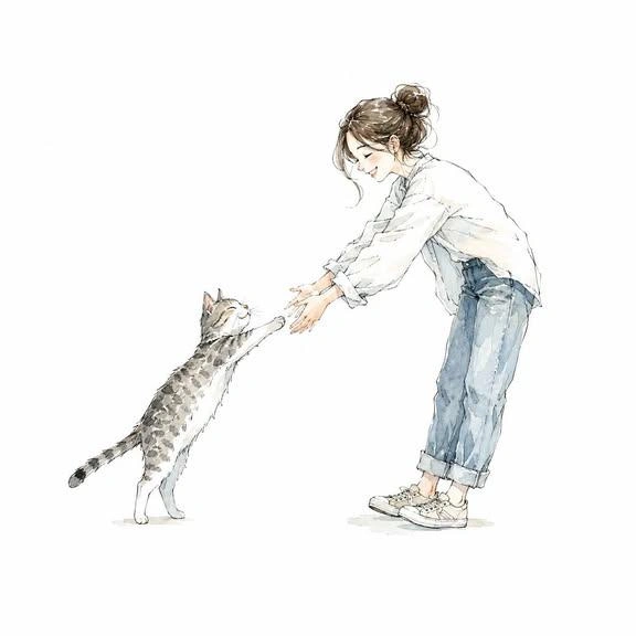 trend prompt: Me and [XXX]" facing each other in profile, reaching out their hands toward one another. White background. Delicate watercolor and rich ink illustration style. Hand-drawn line art with a transparent watercolor aesthetic. Premium paper texture. Refined sketch-like brushwork. Automatically adjust the composition to suit the subjects. Everyone is smiling. Full-body view of all subjects. Soft color palette. Minimalist design with a subtle use of negative space. Background must be pure white. Large margins on all four sides. Subjects centered in the composition. No text, logos, or watermarks. Ultra-high resolution. Suitable for use as an icon. Square 1:1 aspect ratio.