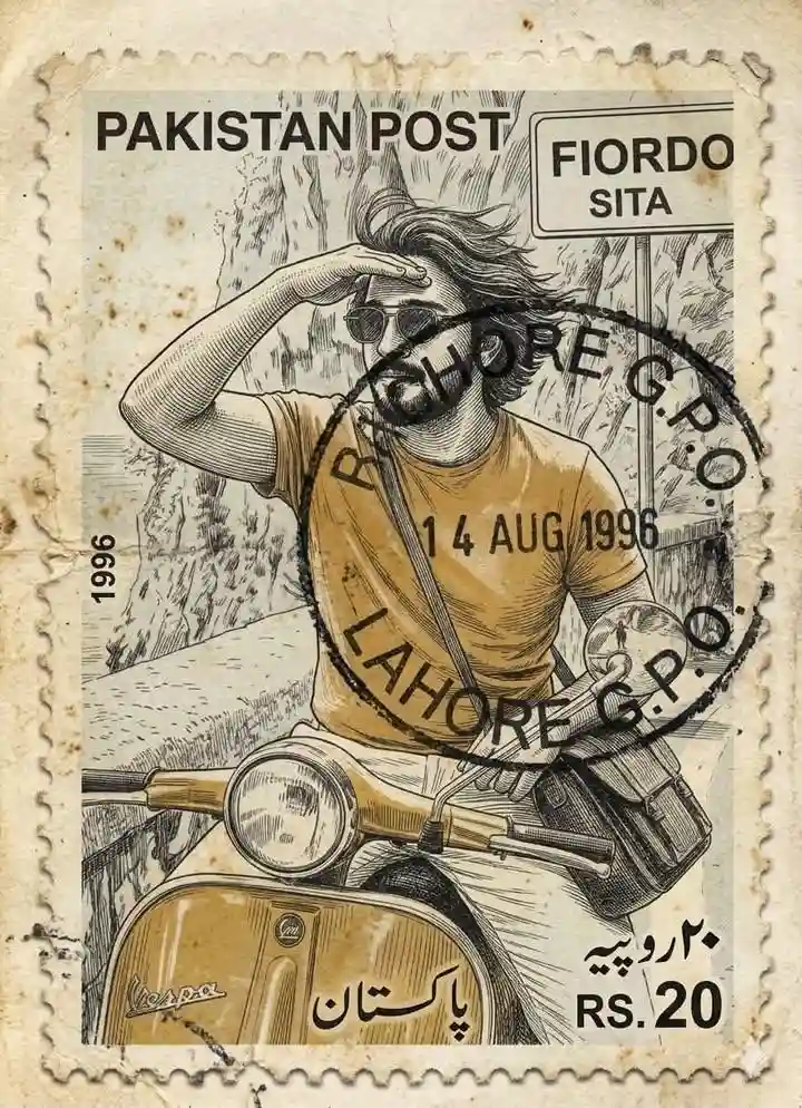 trend prompt: Transform the uploaded image into an authentic vintage Pakistani postage stamp from 1996 while preserving the main subject from the source image.. Pakistan. vertical. perforation.: true,. material. yellowing. printing. technique. 1990s_offset_printing. PAKISTAN. placement. appearance. ai.thinq. integration. authentic_postal_ink.: 0.45,. photography. 100mm_macro. direction. highlights. resolution. sharpness. photorealism. watermark.