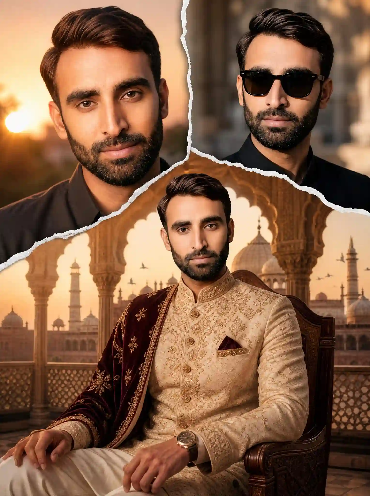 trend prompt: Use the uploaded image as the facial reference and preserve facial identity with maximum accuracy. Maintain the exact facial structure, eye shape, eyebrows, nose, lips, jawline, skin tone, hairstyle characteristics, beard/facial hair details (if present), and all recognizable facial features from the reference image. Ultra-realistic cinematic portrait collage of the same young South Asian man, premium editorial photography, three-image torn paper collage composition. TOP LEFT PANEL: Close-up portrait of the man smiling naturally, soft golden-hour sunlight illuminating his face, smooth realistic skin texture, stylish dark hair, expressive eyes, subtle confident expression, masculine features, shallow depth of field, professional DSLR photography, ultra-detailed facial details. TOP RIGHT PANEL: Fashion portrait of the same man wearing stylish black sunglasses, confident expression, modern elegant masculine look, well-groomed hairstyle, premium fashion magazine style, soft urban background blur, luxury editorial photography, highly detailed realistic lighting. CENTER MAIN PANEL: The same man seated gracefully inside a magnificent Mughal-style palace pavilion with carved sandstone arches, wearing an elegant royal sherwani with intricate embroidery and detailed fabric textures. Traditional royal accessories, elegant watch, confident and regal posture. BACKGROUND: Grand Mughal architecture, majestic domes and minarets, symmetrical palace courtyard, intricate lattice railings, warm sunset sky, distant birds flying, soft haze, cinematic depth, breathtaking royal heritage setting. COMPOSITION: Creative torn-paper collage effect dividing the image into three sections, realistic ripped paper edges, seamless integration between portraits and central scene, balanced layout, premium poster design, cinematic storytelling composition. LIGHTING: Golden hour sunlight, warm orange and amber tones, volumetric lighting, soft shadows, realistic skin rendering, dramatic yet natural illumination, luxury editorial photography quality. STYLE: Hyper-realistic, photorealistic, ultra detailed, 8K resolution, HDR, masterpiece, award-winning photography, magazine cover quality, sharp focus, realistic textures, professional color grading, cinematic mood, depth of field, highly detailed sherwani embroidery, natural skin texture, masculine appearance. Aspect Ratio: 4:5 Vertical Negative Prompt: Low quality, blurry, cartoon, illustration, painting, extra fingers, extra limbs, deformed hands, duplicate face, bad anatomy, distorted face, asymmetrical eyes, watermark, logo, text, oversaturated colors, cropped body, unrealistic skin, low resolution, noisy image, artifacts.