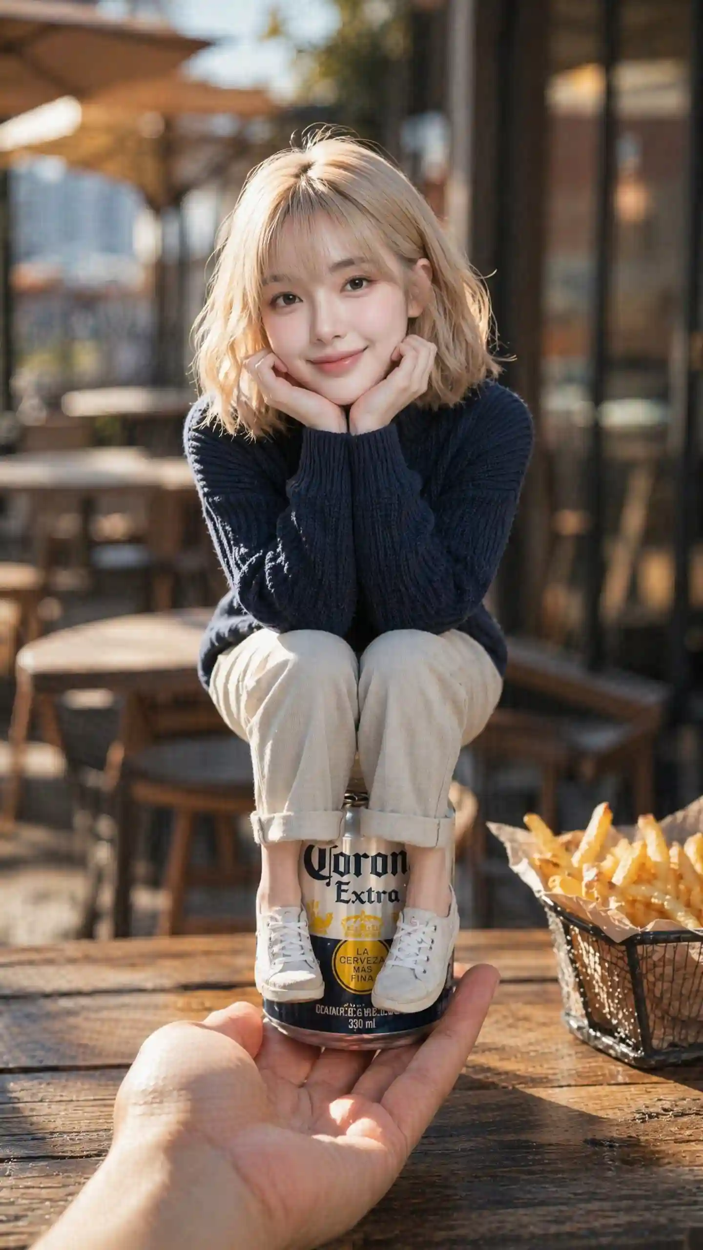 trend prompt: Create a vertical 9:16 hyper-realistic photograph with a medium-close shot focusing primarily on the woman. Use the uploaded photo as a strict reference for her exact facial identity, realistic structure, skin tone, and short wavy blonde hair. In this scene, she is relatively larger and more prominent, sitting casually on top of a scaled-down Corona Extra beer can. She is leaning forward in a relaxed, charming pose, resting her chin on both hands with her legs hanging over the front edge of the smaller can, looking directly at the camera with a soft expression.The woman appears as a real, detailed person with authentic human features, realistic hair strands, and elegant casual clothing, rather than a tiny miniature dot. The beer can beneath her is smaller in frame to emphasize her presence. A human hand holds the bottom of the can in the foreground to show scale, but the main focus remains on the larger woman. On the wooden table nearby is a small basket of textured French fries under warm golden-hour lighting.Shot with a high-end camera, creating a shallow depth of field with beautiful creamy bokeh in an outdoor cafe background. Strong contrast, vibrant natural tones, rich shadows, and highly realistic textures on the skin, clothing, aluminum, and wood without any plastic look. Render in a premium editorial 9:16 composition.