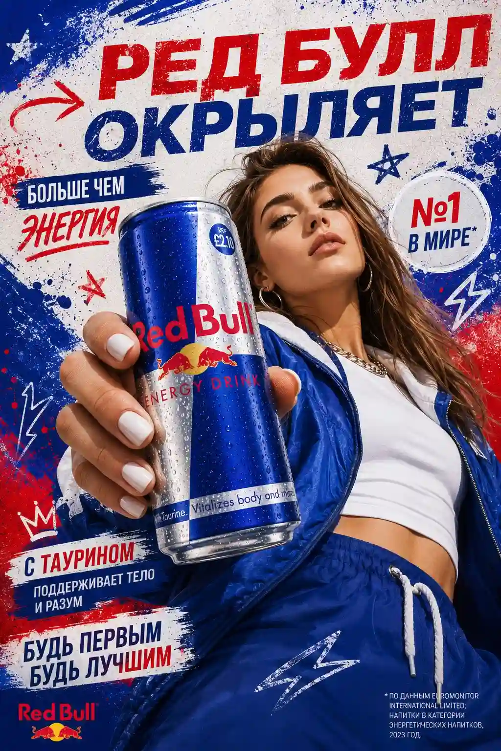 trend prompt: Use the downloaded product image as an exact reference. Fully preserve the shape, packaging, materials, colors, proportions, logo, and brand elements. An ultra-realistic commercial advertising poster. A low-angle wide-angle lens view. A confident, stylish model holding the product, directly facing the camera. The product dominates the foreground due to the forced perspective effect. A modern fashion image, with clothing, accessories, and color palette automatically adapting to the product's style and colors. Dynamic energy, premium brand aesthetics, trendy lifestyle content. A highly detailed product with realistic textures, reflections, water droplets, and perfectly legible packaging. The background is filled with graphic elements in the brand's colors: graffiti, brush strokes, paint splashes, collage textures, arrows, stars, lightning bolts, stickers, and advertising typography. All text in the image must be written in Russian, fully legible, grammatically correct, without spelling errors, random symbols, distorted letters, unreadable words, or AI artifacts. All headlines, slogans, descriptions, flavors, characteristics, and advertising phrases should look like a real professional advertisement. The AI automatically adapts fonts, sizes, composition, and text placement to the poster layout. Premium magazine design, high contrast, sharp focus, commercial product photography, luxury advertising, fashion editorial, ultra realistic, photorealistic, HDR, 8K. Avoid: unreadable text, errors in Russian, AI artifacts, CGI, cartoonish style, distorted product, blurriness, watermarks, and low quality.