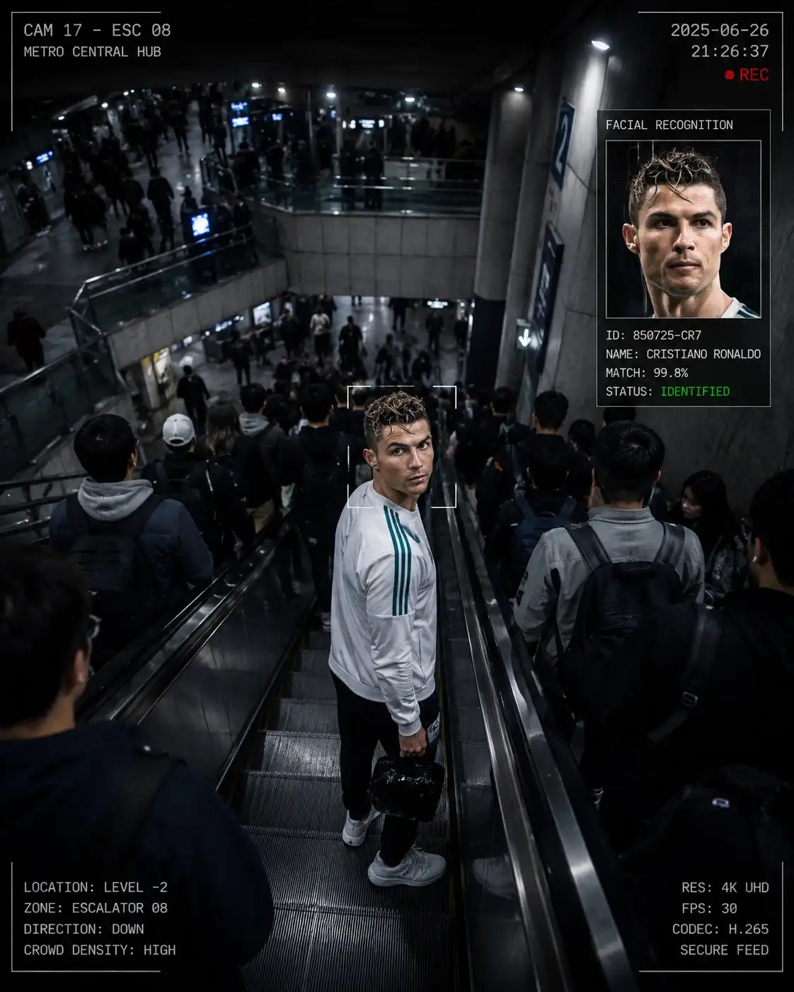 trend prompt: Create a cinematic surveillance-thriller image set inside a massive multi-level underground metro station. The camera should feel like a ceiling-mounted CCTV positioned high above at roughly a 40-degree angle, looking down over a long industrial escalator and the complex architecture of the station. The composition should use a 4:5 vertical frame, with the escalator cutting diagonally through the image to create strong depth and scale. The station is crowded with hundreds of commuters moving in both directions, forming a chaotic flow of people with subtle motion blur. At the center of the frame, a single person matching the uploaded reference image is descending the escalator. The subject appears to be moving quickly, slightly leaning forward. One hand holds the escalator handrail for balance, while the other carries a small glossy black mini bag with realistic reflections. At a dramatic moment, the subject suddenly turns their head over their shoulder and looks directly into the camera, creating an intense fourth-wall-breaking moment, as if they know they are being watched. Add a realistic CCTV interface overlay, including: Live recording indicators Timestamp and camera ID A facial-tracking square locked onto the subject A secondary zoomed-in facial recognition panel in one corner Minimal technical HUD elements and surveillance graphics Lighting should be cold and fluorescent, typical of a modern subway station, with realistic reflections on the metallic escalator surfaces and polished handrails. Keep the surrounding crowd slightly blurred while the subject remains sharp and in focus. Overall mood: high-end documentary surveillance thriller, ultra-photorealistic, cinematic composition, realistic skin textures, natural crowd behavior, detailed environmental reflections, and professional movie-grade realism.