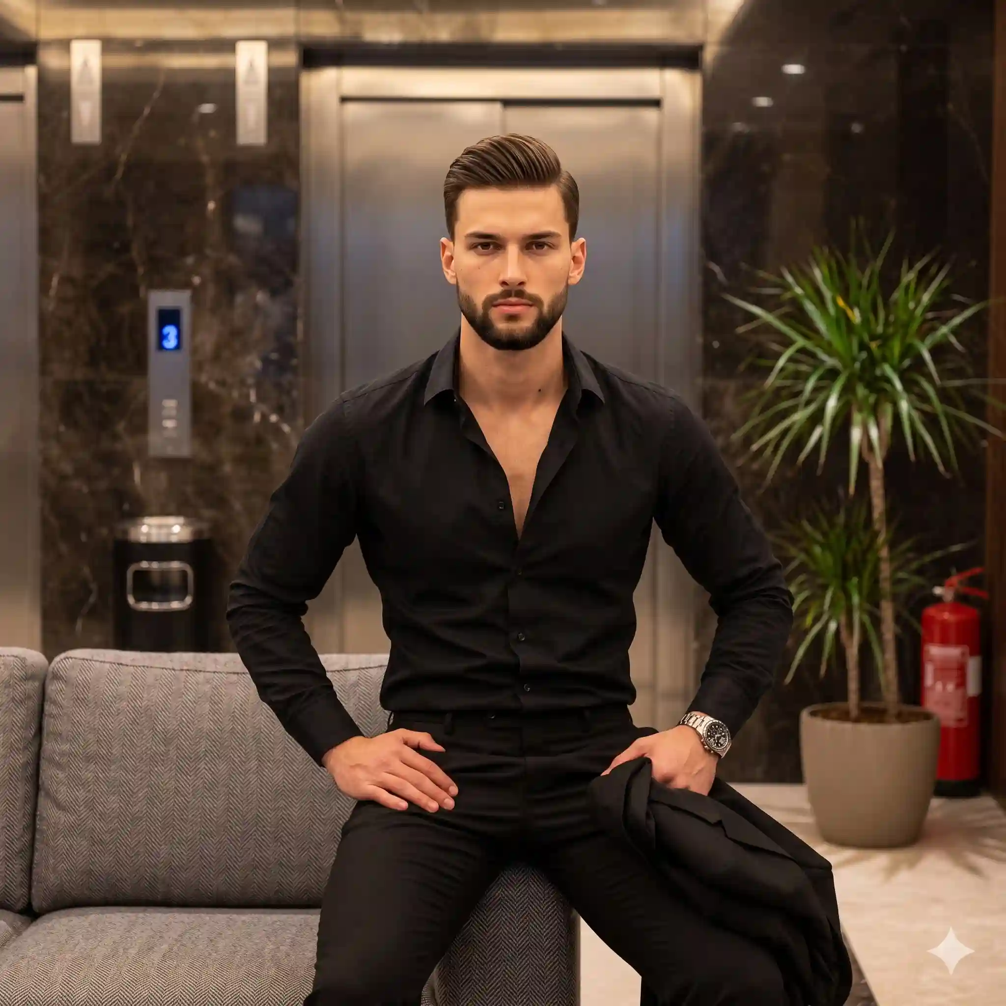 trend prompt: A medium portrait captures a young athletic male seated confidently on the edge of a sofa, directly facing the camera with level shoulders and beautifully centered weight. His striking features are framed by dark hair styled in a textured, glossy quiff with short faded sides, complemented by neatly manicured stubble. His expression is serious and composed, anchoring the image with an intense, direct gaze, relaxed eyebrows, and a neutral, unsmiling mouth. He is dressed in a sleek, unbuttoned black dress shirt and black trousers. His left arm reveals a silver wristwatch, with his relaxed, slightly curled fingers resting casually on his hip and upper thigh. His right hand sits on his inner thigh, where his thumb and index finger lightly grip the fabric edge of a folded black suit jacket. He rests upon a pristine light gray and warm beige fabric sofa featuring a distinct woven herringbone pattern and tufted cushions. Behind him, the environment expands into a luxurious commercial lobby. To the left, pristine silver metallic elevator doors are framed by dark marble, accompanied by a polished silver cylindrical ash stand and a sleek control panel emitting a subtle blue LED glow that reads 3. To the right, a thriving potted dracaena plant with spiky green leaves partially obscures a vivid red fire extinguisher. The background walls are crafted from perfectly smooth, glossy warm beige stone tiles with delicate natural tan veining and crisp grout lines that highly reflect the ambient environment. The scene is enveloped in a warm, golden monochromatic palette, powerfully offset by the high-contrast black of his attire. Soft, moderately directional artificial light cascades gently from above with a frontal fill, creating meticulously sculpted, soft-edged shadows under his chin, nose, brows, and beneath his body on the sofa. Luminous specular highlights catch the glossy styling product in his hair, the bridge of his nose, and the delicate sheen of his black shirt fabric, evoking a polished, deliberate, and sophisticated upscale mood. This contemporary men's editorial photograph is captured with an 85mm lens at an f/2.8 aperture, producing a medium depth of field that renders the subject tack sharp while gently softening the background. The grain-free, photorealistic digital image is refined with localized facial sharpening, enhanced contrast, a slight warming of the highlights, and a subtle center vignette, all beautifully framed in a 1:1 aspect ratio.