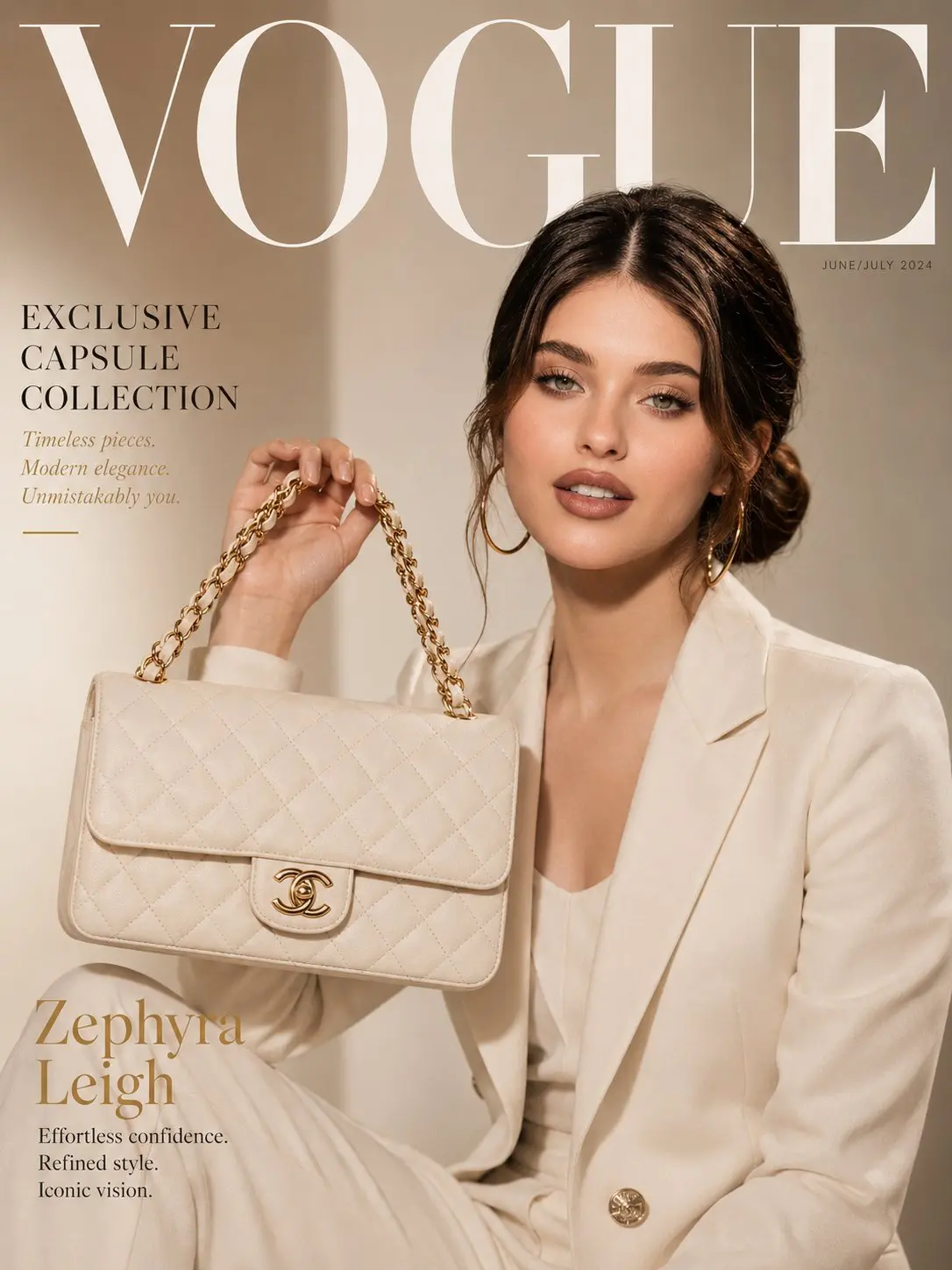 trend prompt: [Reference Image]
Ultra-realistic luxury fashion brand campaign magazine cover featuring an elegant Korean woman in a sharp tailored cream pantsuit, holding up an exquisite structured quilted leather luxury handbag with gold chain strap at shoulder height, showcasing it directly to camera with a confident smile. Glowing flawless skin, soft glam makeup, glossy nude lip. Sleek low chignon. 

Background: seamless soft cream studio with warm directional lighting, minimal luxury boutique aesthetic. "VOGUE" masthead with "EXCLUSIVE CAPSULE COLLECTION" callout text in elegant serif. 85mm lens, ultra-detailed quilted leather texture and gold hardware, 8K photorealistic luxury fashion campaign. 

Negative: cartoon, blurry, fake leather texture, watermark, distorted bag shape.