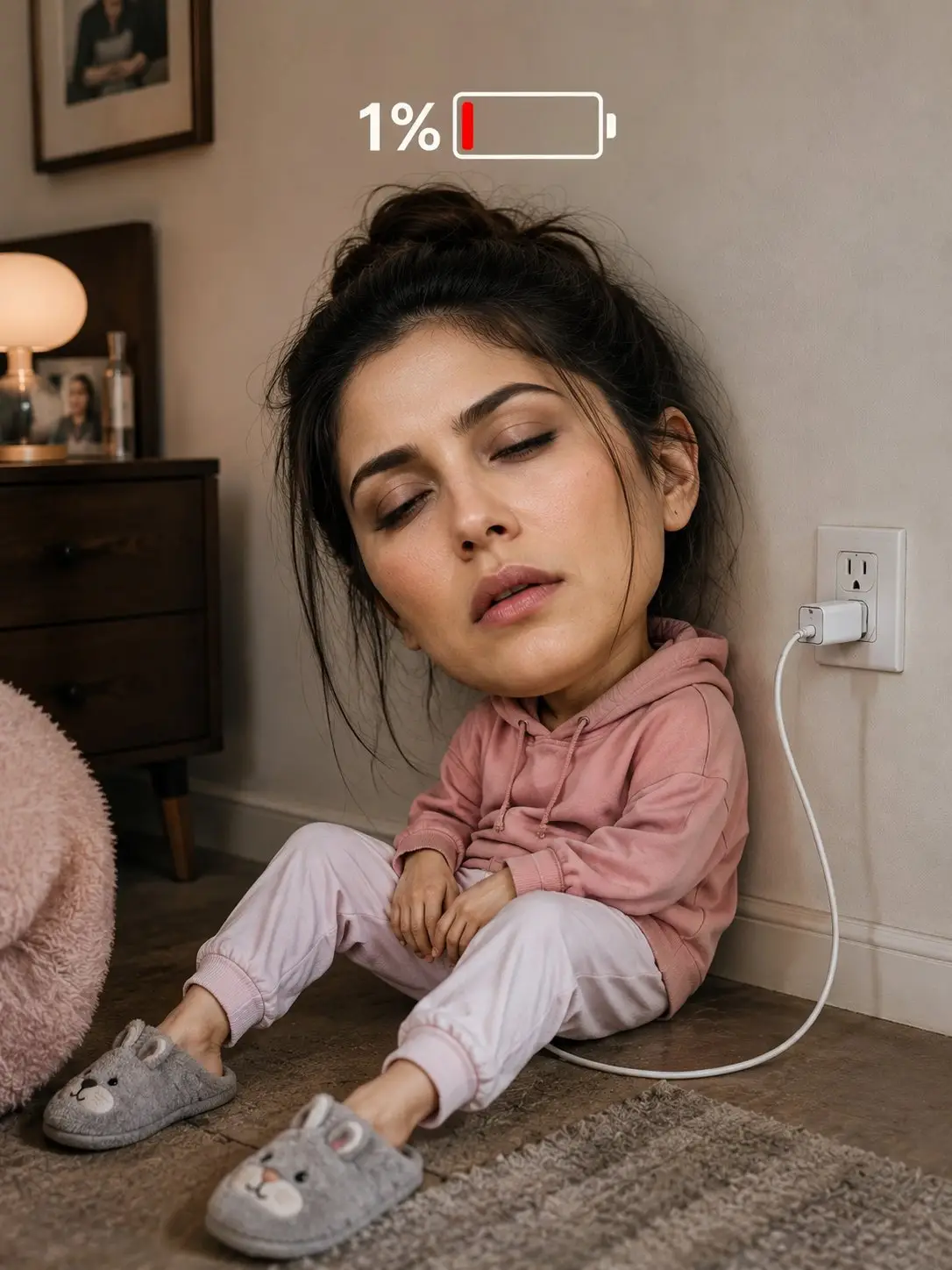 trend prompt: Create an ultra-realistic, high-resolution humorous portrait of a famous football-style athlete with an exaggerated oversized head and a small, realistic body, sitting exhausted on the floor and leaning against a plain light-gray wall. The subject has a tired, lifeless expression with half-closed eyes, slightly open mouth, messy yet stylish short dark hair, subtle facial stubble, and realistic skin texture with visible pores and natural imperfections. He wears a light gray hoodie, matching gray shorts, and white ankle socks. His legs are stretched out casually, arms resting loosely on his thighs, conveying complete exhaustion and zero energy. On the wall beside him is a standard electrical outlet with a white charging cable plugged into it, humorously implying that he needs to recharge like a phone. Above his head floats a clean smartphone-style 1% battery icon with a nearly empty battery outlined in white and a tiny red charge bar, reinforcing the "out of battery" concept. The setting is a modern indoor room with soft beige walls, gray carpet, a large window with natural daylight entering from the left, and neutral-colored curtains. Lighting is soft, cinematic, and natural, creating gentle shadows and realistic depth. Style: ultra-photorealistic, editorial-quality, hyper-detailed skin, realistic fabric textures, shallow depth of field, HDR, 8K, DSLR look, premium humor photography, clean composition, centered framing, subtle warm color grading, highly shareable, stop-scrolling, viral social media aesthetic.