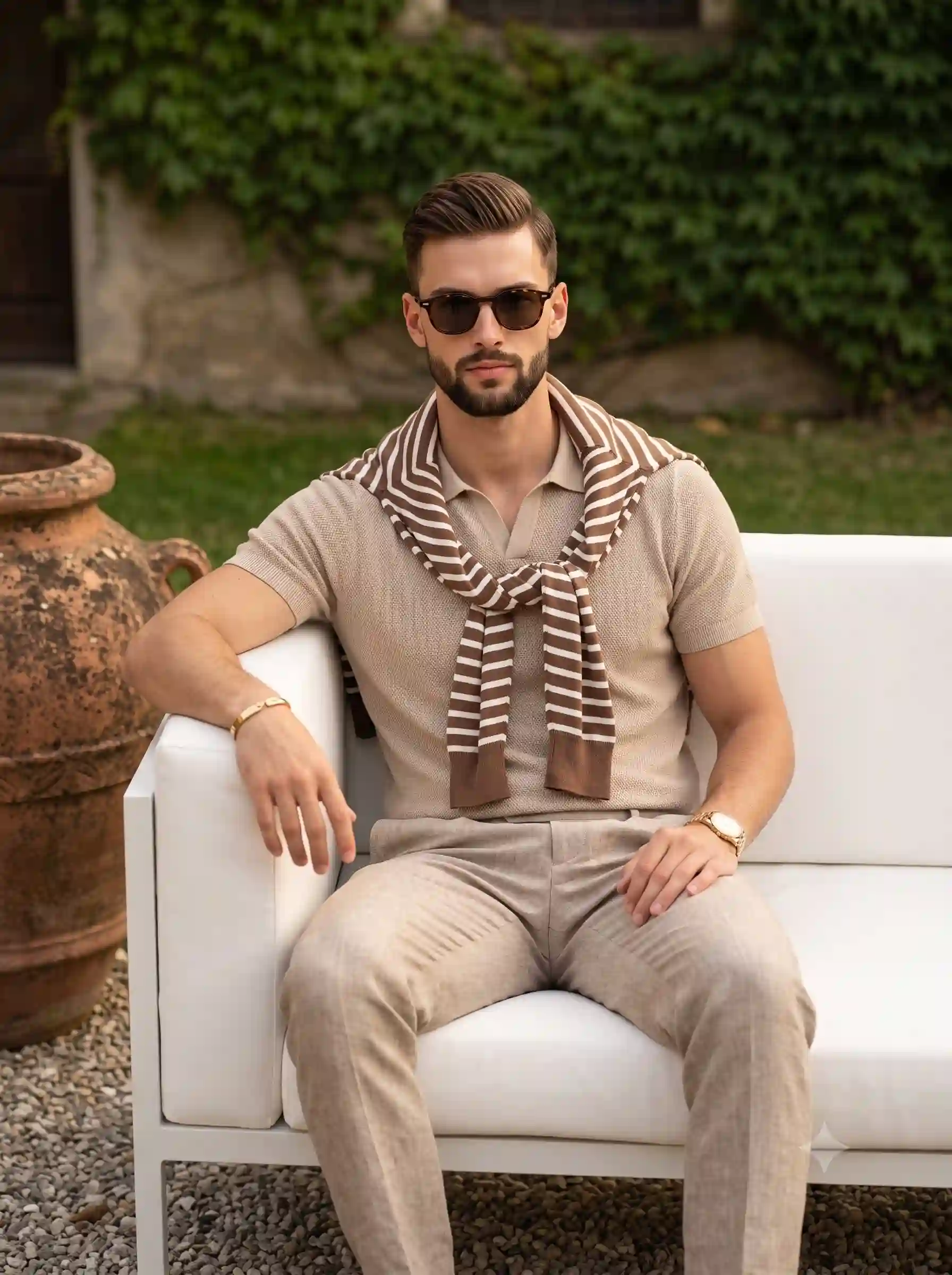 trend prompt: A confident young adult male sits squarely in the center of the frame, angled straight toward the camera while leaning slightly to his left in a relaxed, seated posture. His face projects a formal sophistication, featuring a closed, unsmiling mouth, relaxed eyes concealed behind dark tortoiseshell sunglasses, and neutral eyebrows below short, styled light brown hair. He is dressed in luxury Riviera-style casual wear, wearing a beige sand-colored knit polo tucked into linen trousers, with a brown-and-white striped sweater elegantly draped and tied over his shoulders. His left hand rests casually over the pristine back edge of the sofa, fingers softly curled downward and gracefully adorned with a gleaming gold watch and matching gold bracelet, while his right hand rests lightly on his right thigh with organically, naturally curled fingers. He is seated on a pristine white-and-cream outdoor sofa characterized by plush cushions and a visible black metal frame at the back, set upon a solid light gray-beige gravel surface. In the midground to the left, a large, weathered terracotta urn with an ornate lip rests heavily, holding dark soil. The softly blurred background reveals a low, rough-textured plaster wall completely overtaken by dense, thriving dark green climbing ivy, with a sliver of manicured bright green grass lawn peering over the ivy line on the right. The scene is bathed in bright, soft, diffused front lighting from a single natural source, casting a warm golden glow that perfectly captures a calm, affluent Old Money summer afternoon. Preserved specular highlights catch on his forehead, the tip of his nose, and the top ridges of the white sofa cushions, while short, gray shadows with soft gradual edges fall gently under his chin, beneath his arms, and downward from the cushions. The complementary color palette masterfully balances the dominant sand tones of his clothing and the cream furniture against the rich ivy greens and earthy terracotta accents with moderate saturation and medium contrast. Rendered as a tack-sharp, grain-free digital photograph shot straight on with an 85mm lens at f/2.8 to f/4.0, ISO 100, and a fast shutter speed, the image boasts a clean, editorial men's lifestyle aesthetic. Expert post-processing applies a subtle warm color grade to enhance the beige and green tones, lifted shadows to maintain a pristine softness, and a slight clarity boost to emphasize the rich knitwear textures, all elegantly framed in a 3:4 aspect ratio.