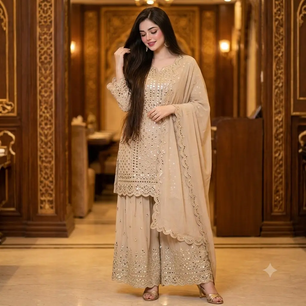 trend prompt: Create A beautiful woman with hips touching brown hair, wearing a Zeelfashion beige embroidered sharara set featuring heavy mirror work on the kurta and duppata.scalloped trim along the edges of the dupatta and sleeves. She has light makeup, including pink lipstick and blush, and is smiling subtly while looking to her right. The background is luxurious restaurant backside.eyes down cost.attached the both are feet hill golden sandals.