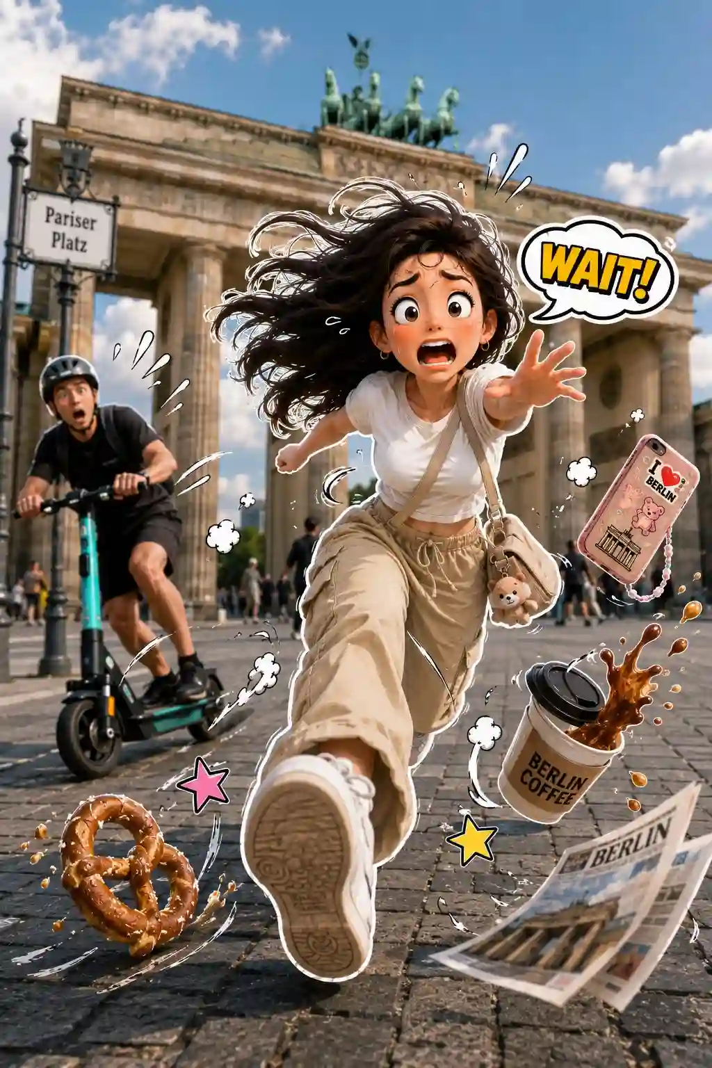 trend prompt: A vibrant, humorous 3D-style sticker character seamlessly composited onto a real-life photograph of {LOCATION}. A cute young adult is caught in a dynamic full-body sprint toward the camera with exaggerated running motion, expressive cartoon facial expression, windblown hair, and dramatic action pose. They wear {OUTFIT} and carry {ACCESSORY}. A funny mishap is unfolding: {MAIN_EVENT}, while {SECONDARY_EVENT} creates even more chaos. Random objects such as {FLYING_OBJECTS} fly through the air with exaggerated motion. Include playful comic-style motion lines, action swirls, sweat drops, speed streaks, bounce effects, floating impact symbols, and expressive sticker doodles around every moving object. Add one comic speech bubble or sound effect like "Woof!", "Wait!", "Oops!", "Ahhh!", "Nooo!", "Catch!", or "Run!" in bold colorful lettering. The character has a thick white die-cut sticker border with subtle drop shadow, while the background remains fully photorealistic. Strong perspective with one foot reaching toward the camera, cinematic wide-angle lens, shallow depth of field, bright natural lighting, ultra-detailed textures, joyful chaos, playful storytelling, collectible premium sticker aesthetic, vibrant colors, Pixar-inspired expressions, hyper-realistic photography blended with high-end 3D illustration, 8K, vertical composition.