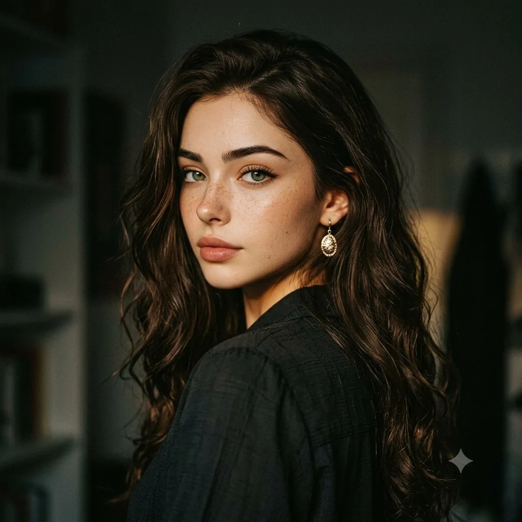 trend prompt: A young beautiful woman captured in a cinematic over-the-shoulder portrait, standing in a dark indoor environment. She is turned three-quarters away from the camera, looking back directly toward the viewer with a calm, confident, slightly mysterious expression. Long dark brown wavy hair falls naturally around her shoulders,