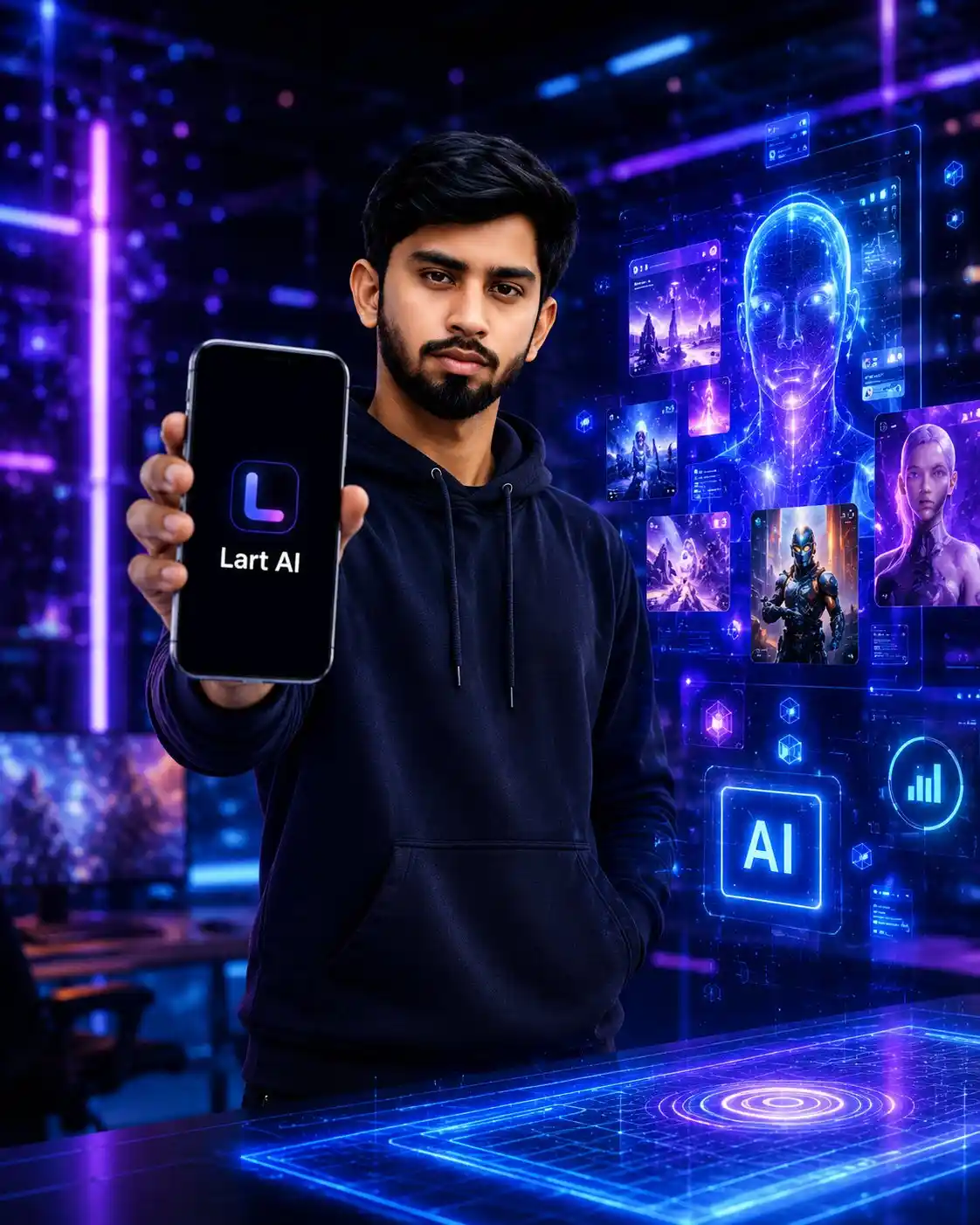 trend prompt: A sleek modern office desk with a laptop open to the Lart AI platform, a smartphone showing AI-generated artwork, colorful holographic elements floating around, futuristic UI, creative designer working with AI, premium branding focus on Lart AI, soft natural lighting mixed with neon accents, photorealistic, cinematic composition, ultra detailed, DSLR quality, 8K, HDR, realistic reflections, luxury technology advertisement, no watermark, no extra text.