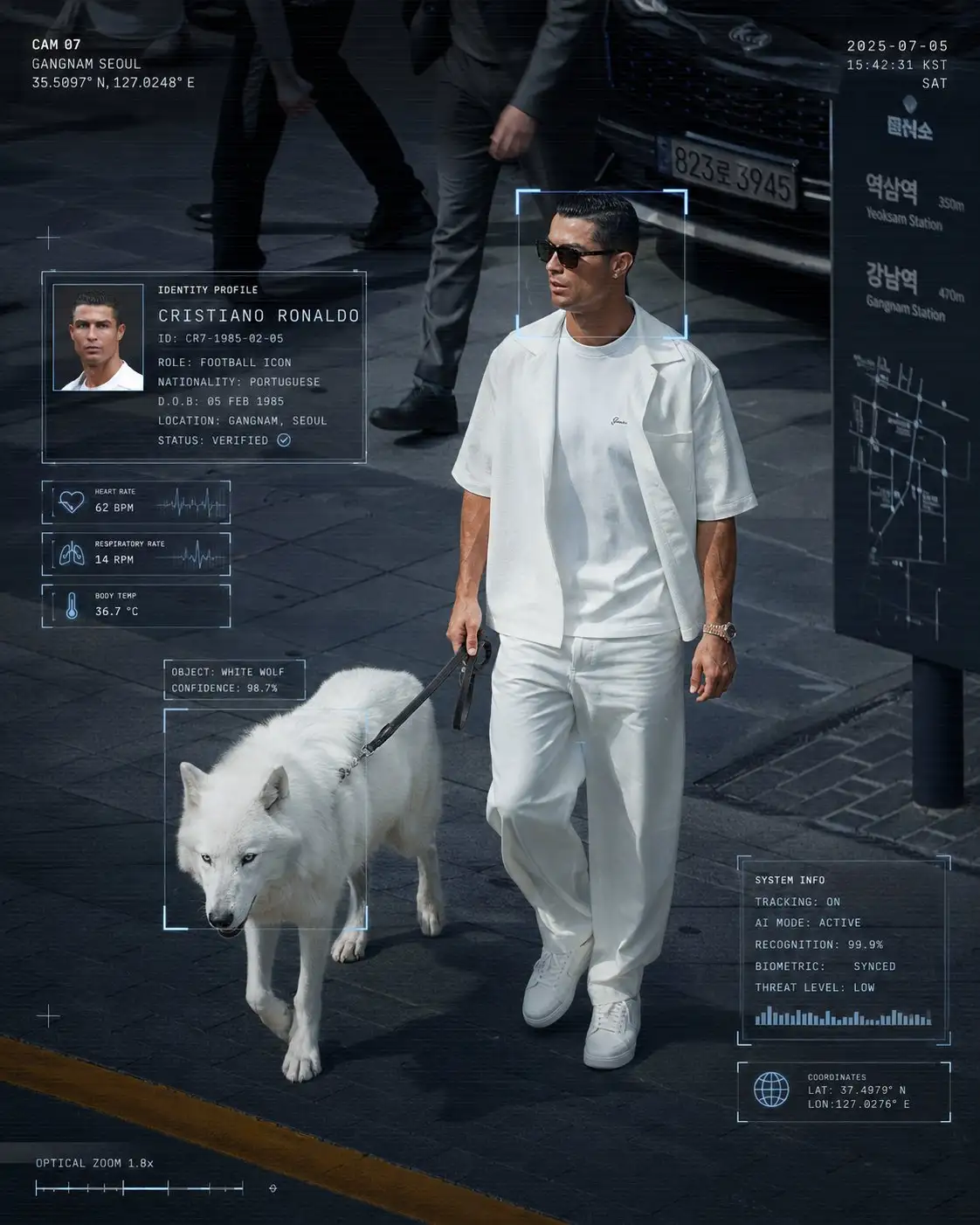 trend prompt: Cybercore editorial fashion photography of the attached man wearing a modern white Korean-inspired outfit, walking confidently through the streets of Gangnam, Seoul, accompanied by a majestic white wolf. Realistic candid street photograph captured from a slightly elevated, surveillance-inspired perspective. Natural walking motion, relaxed posture, authentic urban atmosphere, stylish everyday fashion, and a calm cinematic mood. Overlay a refined futuristic HUD interface featuring a subtle face-detection frame, object labels, identity card panel, tracking points, timestamp, minimal biometric graphics, thin interface boxes, elegant scan lines, and small readable system data. Keep every interface element clean, minimal, well-spaced, and seamlessly integrated into the scene—never cluttered or distracting. Cool white and soft blue color palette, realistic ambient lighting, polished editorial photography, soft contrast, ultra-sharp details, premium cyberpunk aesthetic, luxury fashion campaign, sophisticated futuristic design language, ultra-realistic, 8K, masterpiece. Aspect ratio: 4:5. Generate for cristiano ronaldo