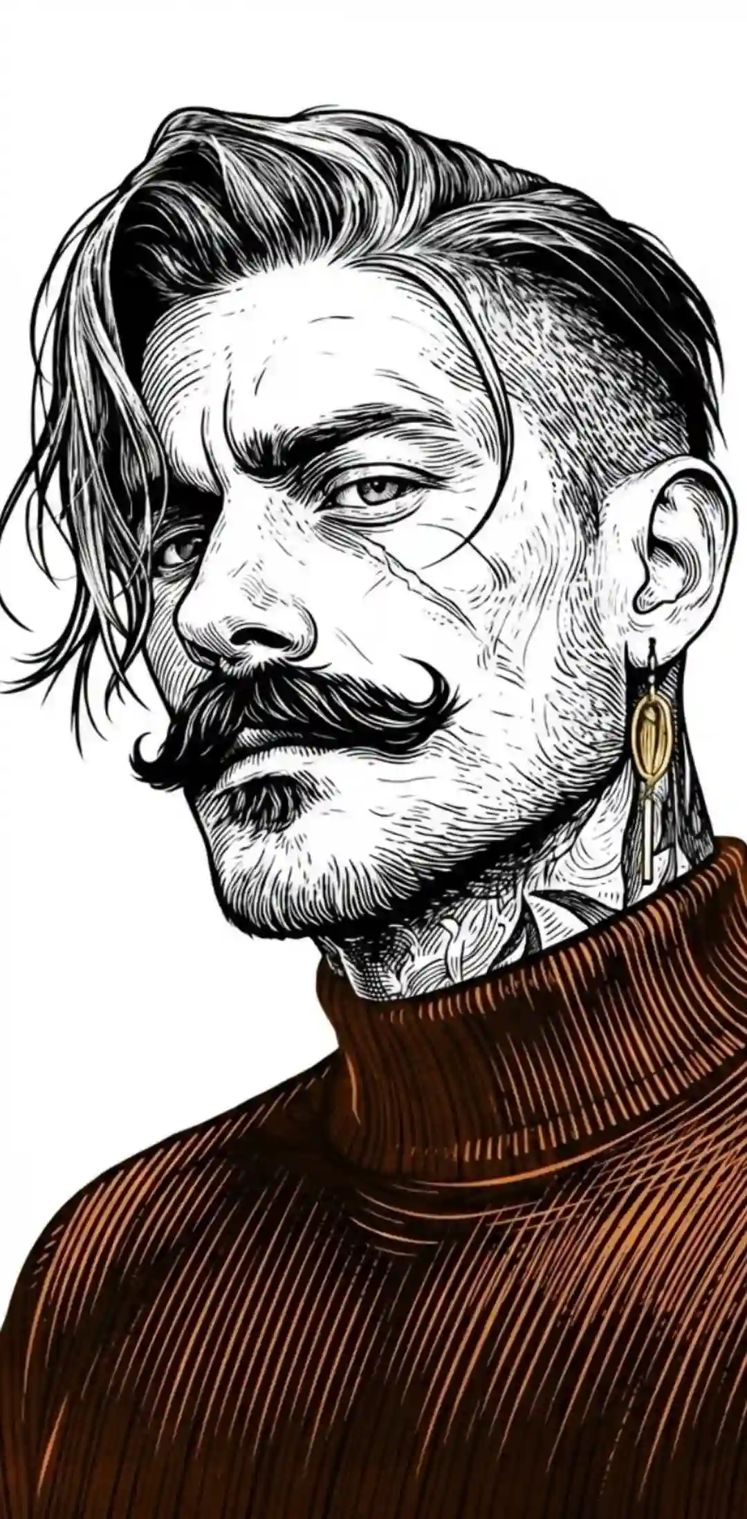 trend prompt: A highly detailed black-and-white engraved line art style portrait of the enclosed object rendered 100% identical. Monochrome portrait illustration with very clean curved contour shading, smooth flowing parallel lines shading the face and anatomy, an aesthetic inspired by vintage woodcuts and linoleum, thick black ink outlines combined with thin rhythmic engraved strokes, minimalist grayscale composition on a plain white background, an elegant high-contrast vector engraving look, precise contour lines wrapping naturally around facial structures and body curves, a subtle ink etching texture, a modern editorial illustration combined with classic printing techniques, subtle organic line density transitions, sharp negative space highlights, a handmade etching illustration look, very sharp line consistency, a refined retro poster aesthetic, a clean graphic novel engraving style, a sophisticated monochrome portrait rendering, flowing hair and beard created with layered ink strokes, contemporary digital engraving art inspired by linoleum.