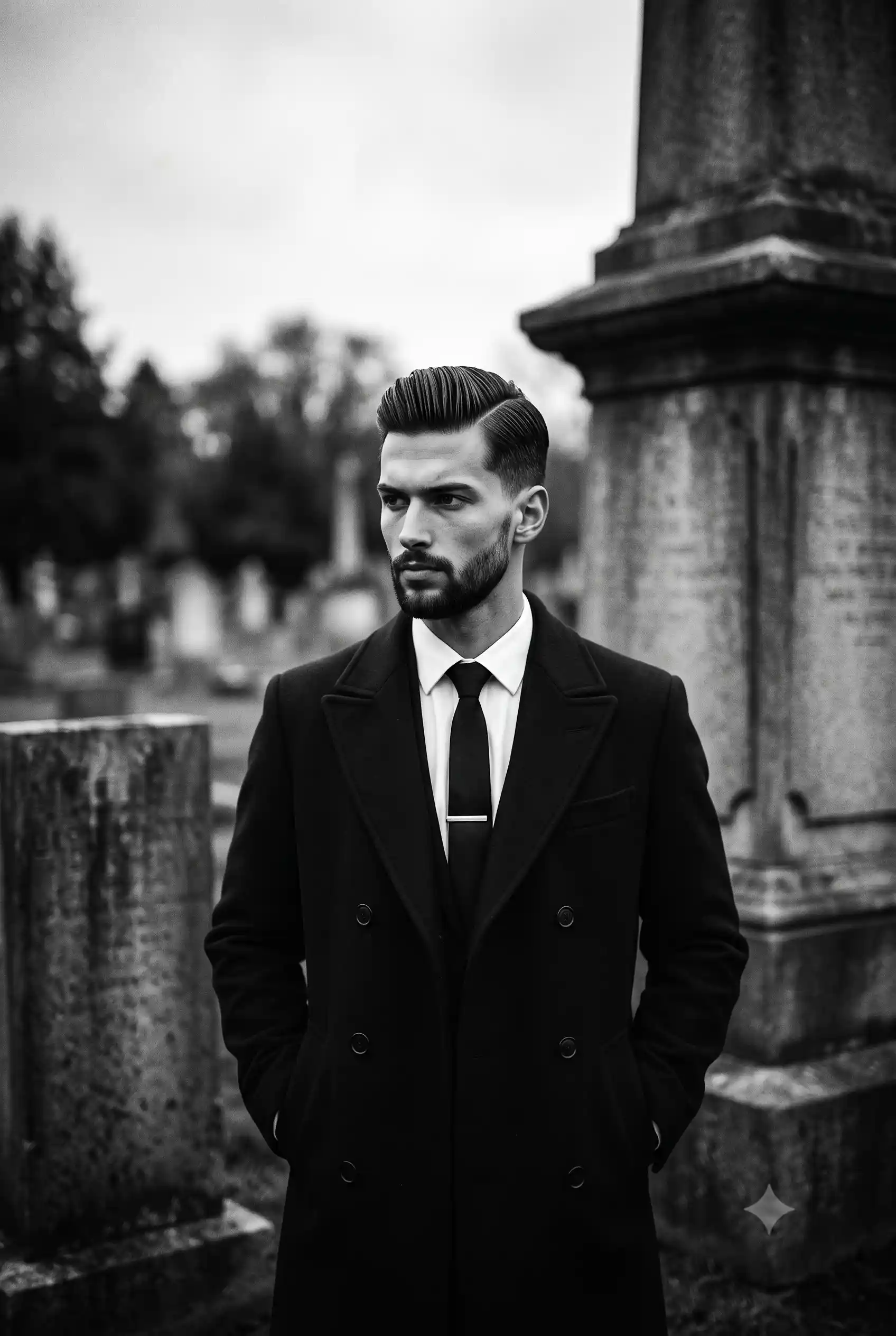 trend prompt: A handsome male stands perfectly centered facing the camera with level shoulders, enveloped in a dark black tailored double-breasted overcoat over a crisp white shirt and a black tie secured by a bright metallic tie clip. His classic 1920s gentleman's haircut is kept two to three inches long on top and heavily slicked back with a high-gloss pomade, divided by a deep, precise left-side part that reveals distinct comb marks, natural growth imperfections, subtle texture variations, and a slight wave on the right side. His intense eyes gaze sharply off-camera to the left with a serious, posed expression, his mouth held in a closed, neutral line beneath relaxed eyebrows, while his hands rest entirely concealed within the deep pockets of his heavy coat. He is positioned in a deep outdoor cemetery landscape, framed in the immediate right foreground by a dominant, dark, and heavily out-of-focus weathered stone monument. To the midground left rests a weathered rectangular grave marker with a rough-hewn top edge, while the deep background dissolves into a blurred expanse of rolling dark grass dotted with aged, rough matte concrete and stone headstones bearing the patchy wear of natural lichen. A somber, dramatic, and melancholic mood permeates the high-contrast monochromatic scene, illuminated by a single soft, diffused overcast light cascading from above and slightly to his front-right. This moderately directional lighting sculpts soft, gradual gray shadows under his chin, along the right side of his face, and deep within the folds of his coat, while preserving striking specular highlights across his left cheekbone, the bridge of his nose, the high-shine pomade of his hair, and his metallic tie clip. Captured with tack-sharp focus on the subject's face and bright collar against a shallow depth of field, the realistic digital photograph channels a cinematic film noir aesthetic shot on a 50mm lens at f/1.8, featuring enhanced micro-contrast, crushed black shadows to create a solid silhouette of the coat, a slight vignette, and a moody film grain texture, all elegantly framed in a 2:3 aspect ratio.