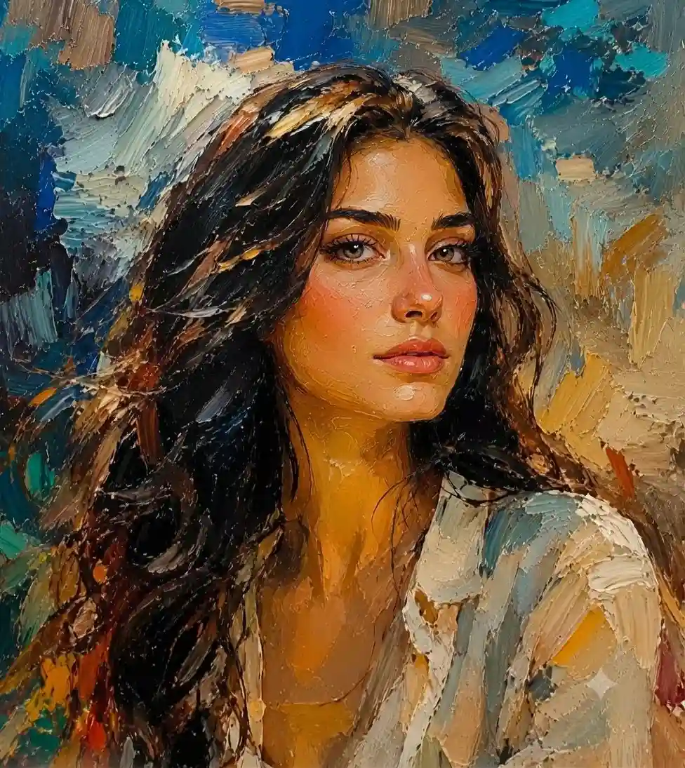 trend prompt: A captivating oil painting portrait of a woman with long, dark, wavy hair and expressive green-hazel eyes, wearing a textured light-colored shirt. The art style features thick, visible impasto brushstrokes and heavy palette knife textures, creating a dimensional, tactile feel. The background is a dynamic mix of deep blues, ochres, and golden-browns with expressive, abstract strokes. The lighting highlights the warm skin tones, rosy cheeks, and soft pink lips, conveying a moody yet elegant atmosphere.