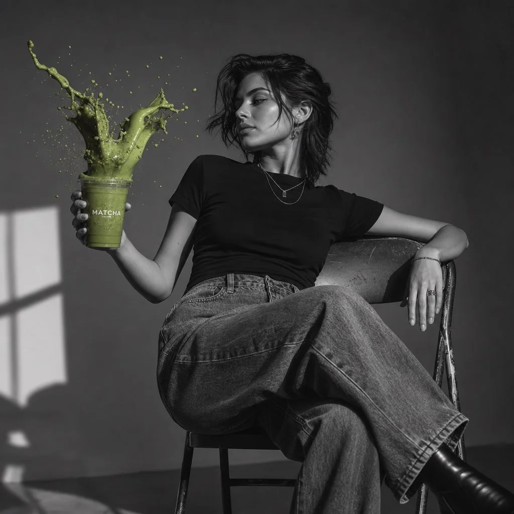 trend prompt: Create a high-end black and white studio fashion portrait of a female model using a realistic editorial photography style. A young woman with elegant features, a stylish modern haircut, natural beauty, and confident feminine presence is sitting casually on a vintage metal folding chair with one leg crossed over the other. She is wearing a premium oversized streetwear outfit consisting of baggy denim jeans, a fitted black t-shirt, black boots, and minimal accessories, creating a sophisticated masculine-feminine fashion aesthetic. Her pose is relaxed and confident, slightly leaning back, with one hand resting naturally on the chair's backrest. She is holding a clear matcha drink cup in her other hand. Capture a cinematic high-speed photography moment where the matcha drink creates a spectacular frozen splash effect. The matcha liquid should burst elegantly from the cup with realistic fluid dynamics, flowing arcs, sculptural splash shapes, and hundreds of suspended droplets captured at the perfect moment with an ultra-fast shutter speed. Add realistic reflections, liquid texture, and natural motion details. Her face is turned approximately 45 degrees to the side, with a calm confident expression, realistic facial structure, natural skin texture, and authentic emotion. Maintain a luxury fashion magazine look while combining it with a premium beverage advertisement aesthetic. Soft minimal studio lighting, dramatic shadows, cinematic contrast, moody black-and-white atmosphere, clean modern background, professional fashion photography, shallow depth of field, ultra-realistic details, 8K resolution, Vogue-style editorial photography, premium commercial campaign quality. Keep the model's identity, body proportions, hairstyle, outfit, and composition realistic. The matcha splash should be the only dynamic action element. Negative Prompt: unrealistic face, altered identity, plastic skin, fake beauty, extra fingers, distorted hands, bad anatomy, unnatural body proportions, messy hair, fake liquid splash, CGI look, cartoon style, blurry details, Al artifacts, duplicate body parts, low resolution "Selective color effect: keep the matcha liquid and drink vibrant green while the entire image remains black and white."