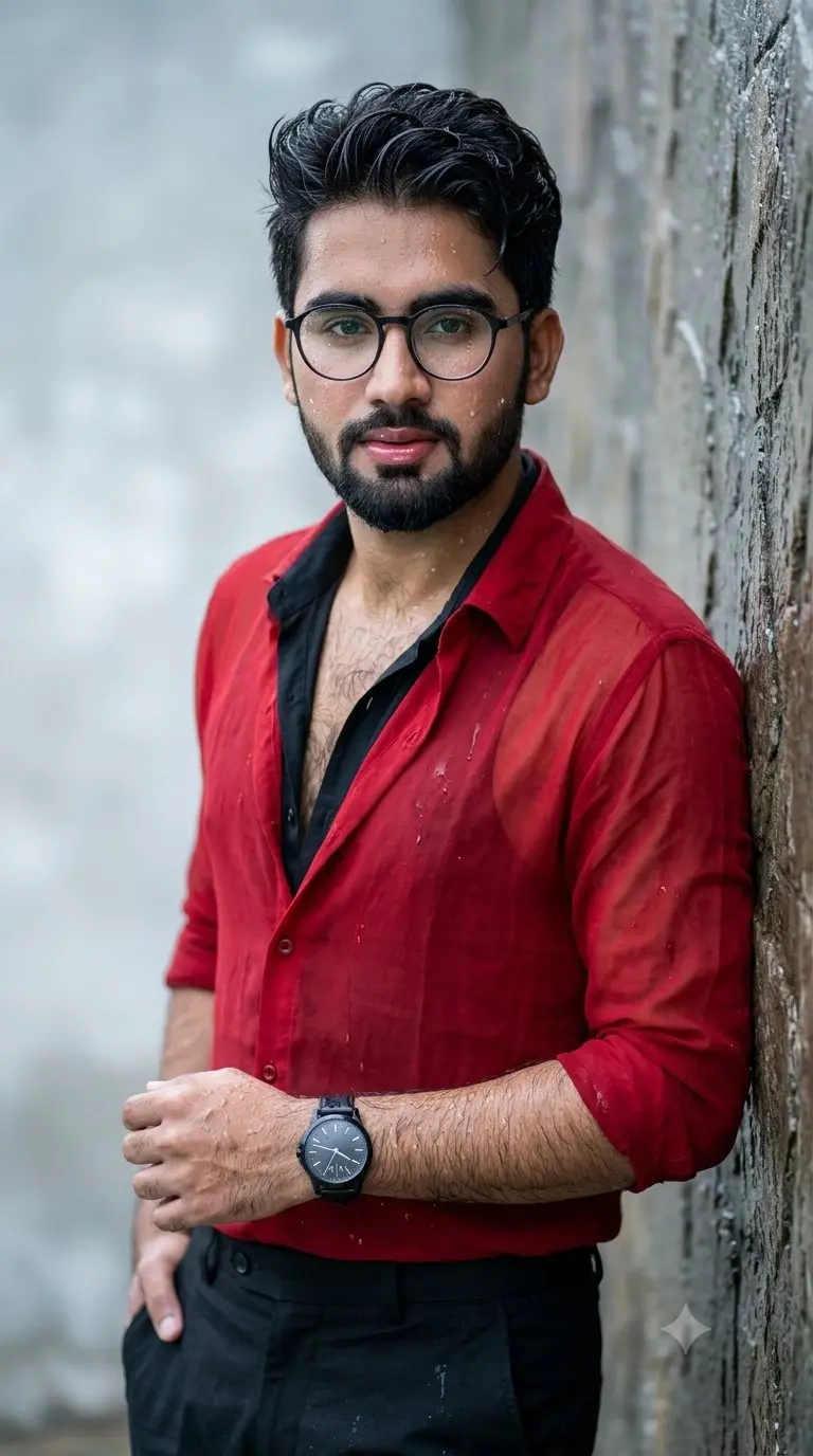 trend prompt: Ultra-realistic wet-look full body of a 23 years handsome man (face 100% identical to uploaded image). Volumonis hair and groomed deard style over the eye, water droplets on skin, sharp focus on bright /black eye, moist glossy lips. Cool soft lighting, light grey bokeh background, hyper-detailed 8K realism. His hand on one ,black A|X watch and he wearing a red shifun shirt. Don't change the face. It's good but again no face change. 9.16 raoto