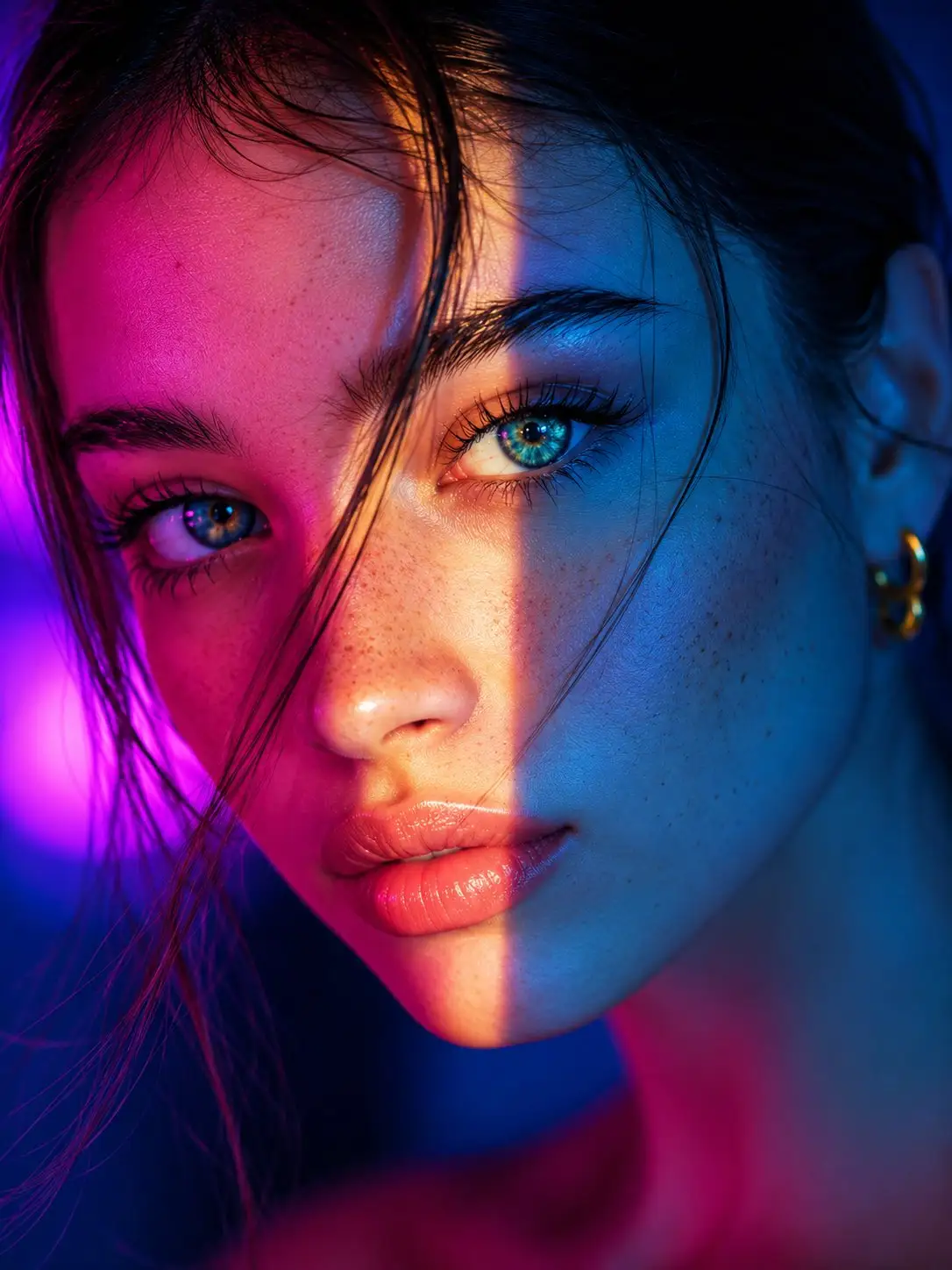 trend prompt: Ultra-realistic, award-winning editorial beauty portrait of an exceptionally beautiful young woman in an extreme close-up, her face filling nearly the entire frame with perfect symmetry and an unforgettable, magnetic gaze that immediately commands attention. Every detail is razor-sharp, creating a luxurious, premium visual that feels iconic and impossible to ignore. A flawless vertical shaft of warm golden light slices precisely through the center of her face, creating an extraordinary split-light composition. The left side glows with rich neon magenta, crimson, and fuchsia highlights, while the right side is illuminated by deep electric cyan, sapphire blue, and subtle teal reflections. The cinematic color contrast is bold yet refined, producing a high-fashion, instantly eye-catching look. Her luminous porcelain skin features authentic micro-texture, delicate freckles across the nose and cheeks, realistic pores, soft natural blush, and subtle specular highlights. She has mesmerizing crystal blue-green eyes with brilliant catchlights, long naturally separated eyelashes, perfectly sculpted dark brows, glossy rose-nude lips with realistic texture and dimension, and a refined jawline that catches the dramatic lighting beautifully. Silky dark hair is elegantly swept back with a few loose strands crossing the face, adding depth, movement, and effortless sophistication. A minimalist polished gold hoop earring provides a subtle luxury accent. The background is a smooth cinematic neon gradient of deep cobalt blue fading into vibrant magenta with creamy bokeh and atmospheric glow. Ultra-shallow depth of field isolates the face while preserving extraordinary detail in the eyes, eyelashes, lips, and skin. Luxury beauty campaign, Vogue-style editorial photography, premium cosmetics advertisement, cinematic HDR lighting, dramatic contrast, photorealistic, hyper-detailed, 8K, masterpiece quality, realistic skin rendering, flawless composition, premium lens optics, soft volumetric glow, natural color science, editorial fashion aesthetic, visually unforgettable, highly shareable, designed to capture attention in a fast-scrolling social media feed.