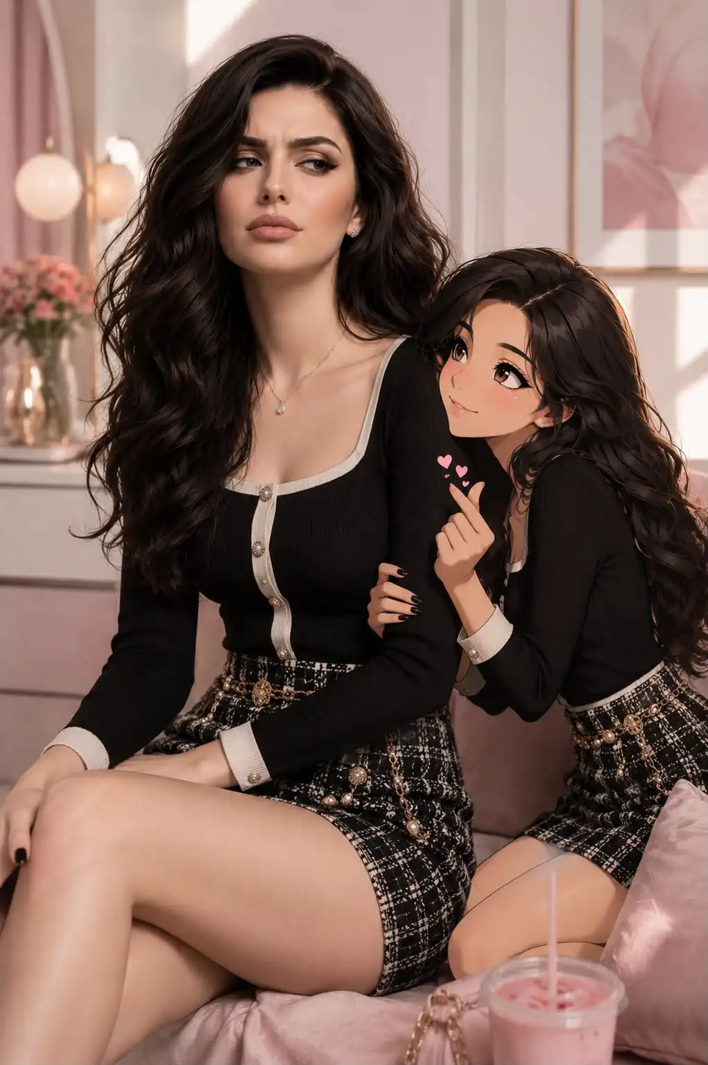 trend prompt: Use the uploaded reference image as the sole identity reference, accurately preserving the subject's facial features, hairstyle, proportions, and recognizable appearance. Create a premium vertical portrait featuring two versions of the same person: a lifelike, ultra-photorealistic main subject alongside a smaller, beautifully illustrated anime counterpart that clearly shares the same face, hair, outfit, and personality. The anime companion should be irresistibly affectionate - hugging the subject's arm, leaning against them, flashing tiny finger hearts, or looking up with sparkling, adoring eyes. Meanwhile, the realistic version wears an adorably fake unimpressed or mildly embarrassed expression, as if pretending to be bothered while secretly enjoying the attention. Emphasize the playful chemistry between the two characters, with the anime version openly expressing affection and the real version subtly revealing warmth beneath the teasing attitude. Set the scene against a clean, pastel-inspired Korean influencer aesthetic with soft natural lighting, elegant composition, crisp photorealism for the main figure, refined anime illustration quality, and an overall luxurious, social-media-ready finish. Avoid: genuine anger or hostility, emotionless expressions, dark or eerie atmosphere, poor facial resemblance, plastic or doll-like rendering, distorted anatomy, extra limbs or fingers, messy backgrounds, text, logos, or watermarks.