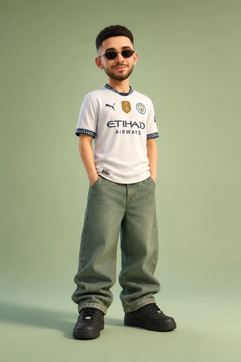 trend prompt: Create a full-body stylized 3D cartoon character with a large head and realistic body proportions, inspired by modern Pixar-style and high-end CGI animation. The character is a young white man with a short black fade haircut, a neatly trimmed short beard, and black oval sunglasses. He has a relaxed, confident stance with both hands in his pockets, a subtle smile, and a friendly, charismatic expression. He is wearing a white Manchester City football jersey with ultra-realistic stitching, embroidered club crest, sponsor logo, subtle fabric weave, sleeve trim, collar details, and premium athletic material, paired with sage green oversized denim sweatpants featuring natural folds, washed denim texture, oversized fit, and detailed stitching. Complete the outfit with clean matte black sneakers with realistic leather texture and subtle sole details. Render the character as a premium-quality 3D collectible-style figure with smooth skin shading, highly detailed facial features, expressive eyes (behind sunglasses), realistic hair grooming, and soft global illumination. Use cinematic studio lighting, soft shadows, ambient occlusion, subsurface scattering, photorealistic fabric textures, and ultra-clean materials. Place the character in front of a smooth pastel light-green seamless studio backdrop with a soft gradient and minimal aesthetic. The composition should be centered, full-body, with shallow depth of field, professional portrait framing, minimal distractions, and a luxury premium CGI look. Ultra-high quality, 8K resolution, Octane Render, Unreal Engine 5, Redshift, ray tracing, global illumination, cinematic color grading, highly detailed, premium 3D character design, clean composition, sharp focus, masterpiece, 3:4 aspect ratio.