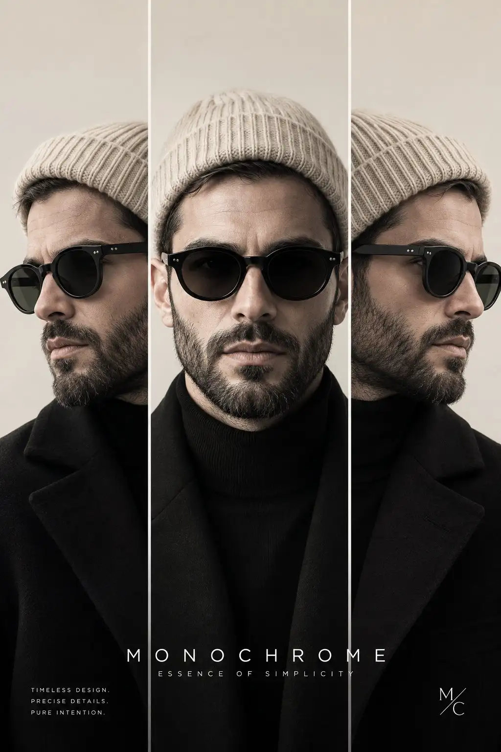 trend prompt: A high-fashion editorial portrait of the same young man with the same facial structure, detailed full beard, and black round sunglasses, wearing a cream ribbed knit beanie, black turtleneck, black minimalist tailored coat. Three vertical sliced panels showing left profile, front portrait, and right profile. Perfect facial consistency across all three views. Luxury branding aesthetic, minimalist Swiss graphic design, premium fashion campaign, clean geometric split composition, off-white background, muted beige and black color palette, soft diffused studio lighting, ultra-realistic skin texture, ultra-detailed beard, cinematic color grading, subtle shadows, premium magazine editorial, Vogue x COS
