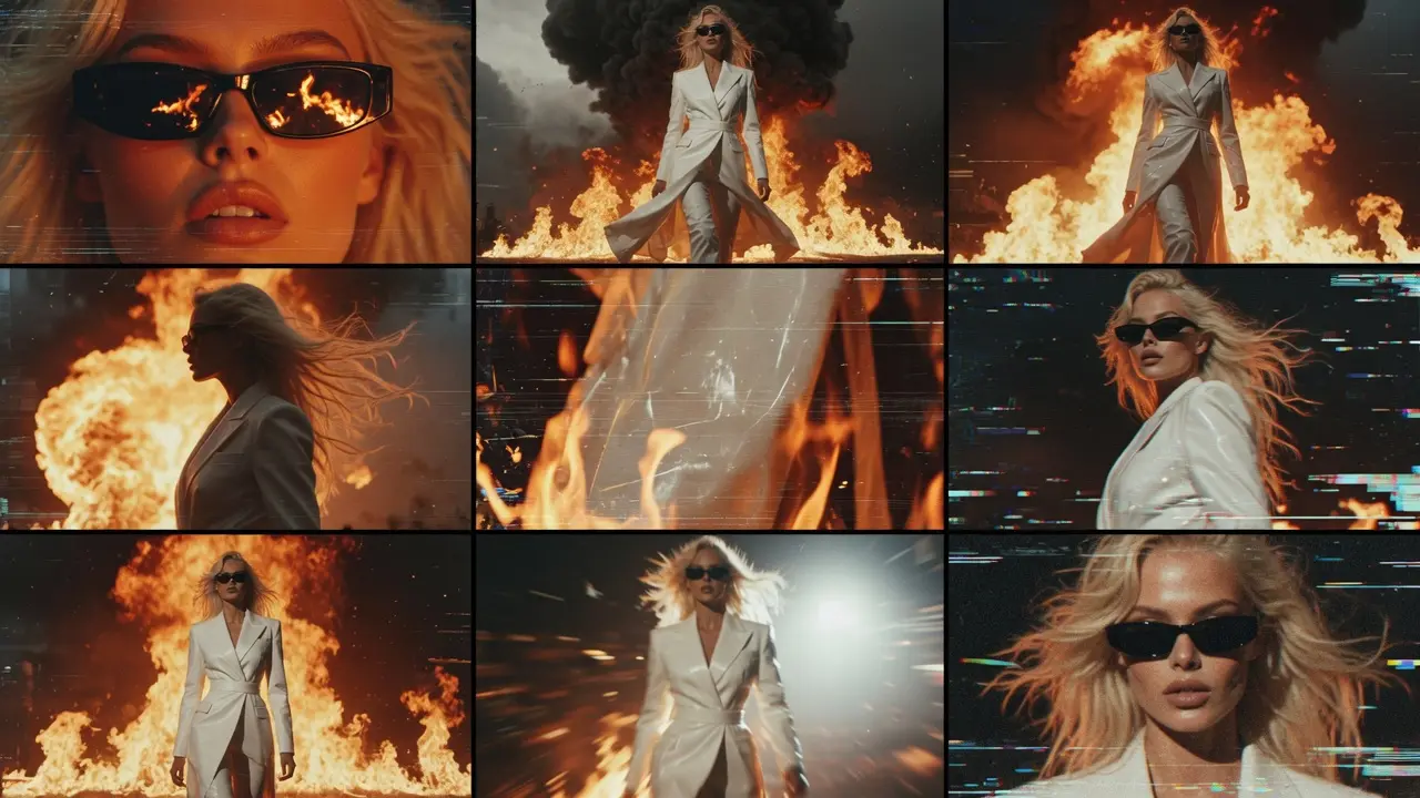 trend prompt: Create a high-fashion cinematic action sequence inspired by the storyboard. A confident blonde female model wearing a sharp white tailored power suit with a long flowing coat, black futuristic sunglasses, and minimal luxury styling walks through a burning industrial environment. Shot 1 - Extreme Close-Up: Tight close-up of her face. Black sunglasses dominate the frame, with intense flames reflected in the lenses. Wind moves strands of blonde hair. She has a calm, fearless expression. Warm orange firelight, dramatic shadows, subtle analog film grain. Shot 2 - Hero Wide Shot: She walks directly toward the camera through massive flames and thick black smoke. Her white coat flows naturally in the wind. Explosions erupt behind her while she remains completely composed. Low-angle fashion-editorial composition. Shot 3 - Explosion Reveal: A huge fireball detonates behind her as she continues walking forward without reacting. Sparks, smoke and embers fill the atmosphere. Strong cinematic backlight creates a glowing silhouette around her. Shot 4 - Side Profile: Slow-motion side tracking shot as she walks past the flames. Her long blonde hair blows dramatically in the wind. Fire illuminates the edges of her white suit, creating a striking orange-and-white contrast. Shot 5 - Detail Shot: Macro fashion shot focused on the flowing white fabric of her coat as flames move in the foreground. Fabric ripples naturally, embers float through the air, shallow depth of field, luxurious fashion-commercial aesthetic. Shot 6 - Dynamic Medium Shot: She turns slightly toward the camera while walking, maintaining her confident expression. Her hair moves dramatically as digital glitches and horizontal scanlines briefly distort the background. Futuristic cyber-fashion atmosphere. Shot 7 - Hero Portrait: Full-body frontal shot. She stands centered against a massive wall of fire, surrounded by smoke and flying embers. Strong symmetrical composition, powerful fashion campaign imagery. Shot 8 - Motion Shot: She walks rapidly toward the camera as the background streaks with motion blur. Bright white light behind her creates a dramatic halo while her coat and hair flow backward. High-end cinematic commercial. Shot 9 - Final Close-Up: Extreme close-up of her face and sunglasses. Blonde hair moves around her face while subtle digital glitches, RGB separation and scanlines appear across the frame. Flames reflected in her sunglasses. She looks directly into the camera with an effortless, powerful expression. Overall visual style: ultra-realistic, premium luxury fashion commercial, cinematic anamorphic lens, 35mm film texture, high contrast, orange firelight against pristine white clothing, realistic fire and smoke physics, volumetric lighting, shallow depth of field, dynamic camera movement, subtle VHS/glitch overlays, film grain, sophisticated color grading, editorial fashion photography meets futuristic dystopian cinema, no text, no logos, consistent character and outfit throughout.