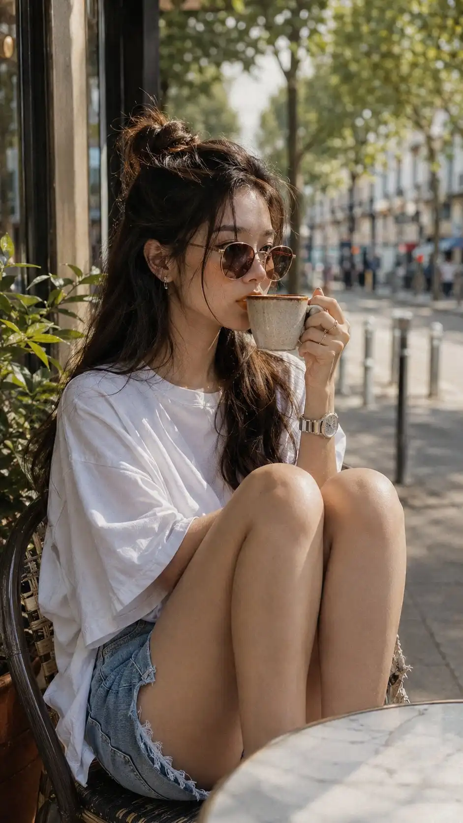 trend prompt: Preserve the subject's facial features exactly as they are. Create a cinematic portrait with subtle analog film grain, rich texture, and highly realistic skin featuring natural pores and a matte, plastic-free finish. A stylish young woman is relaxing at an outdoor café terrace on a bright day. She is dressed in an oversized white tee paired with distressed light-blue denim shorts featuring frayed hems. She sits comfortably on a café chair with both knees drawn close to her body, holding a warm coffee cup near her lips as if taking a quiet sip. Her extra-long hair falls in soft, loose waves, with the top section tied into a casual half-up bun while the rest flows naturally. A gentle breeze lifts a few strands of hair for a candid, cinematic feel. She wears slim round sunglasses with warm brown-tinted lenses. Makeup is fresh and understated, including soft peach blush, subtle contouring, a delicate glow on the high points of the face, and nude beige-brown lips. Her accessories are elegant and minimal: small silver stud earrings, a refined silver wristwatch, and a few delicate silver rings. The camera captures her from a slightly off-center angle as she gazes away from the lens, creating a relaxed editorial mood. The background features a charming tree-lined street with lush greenery, outdoor café seating, and softly blurred city life under warm natural daylight. Photorealistic, premium editorial photography, cinematic color grading, shallow depth of field, ultra-detailed textures, authentic film aesthetic. Aspect ratio: 9:16