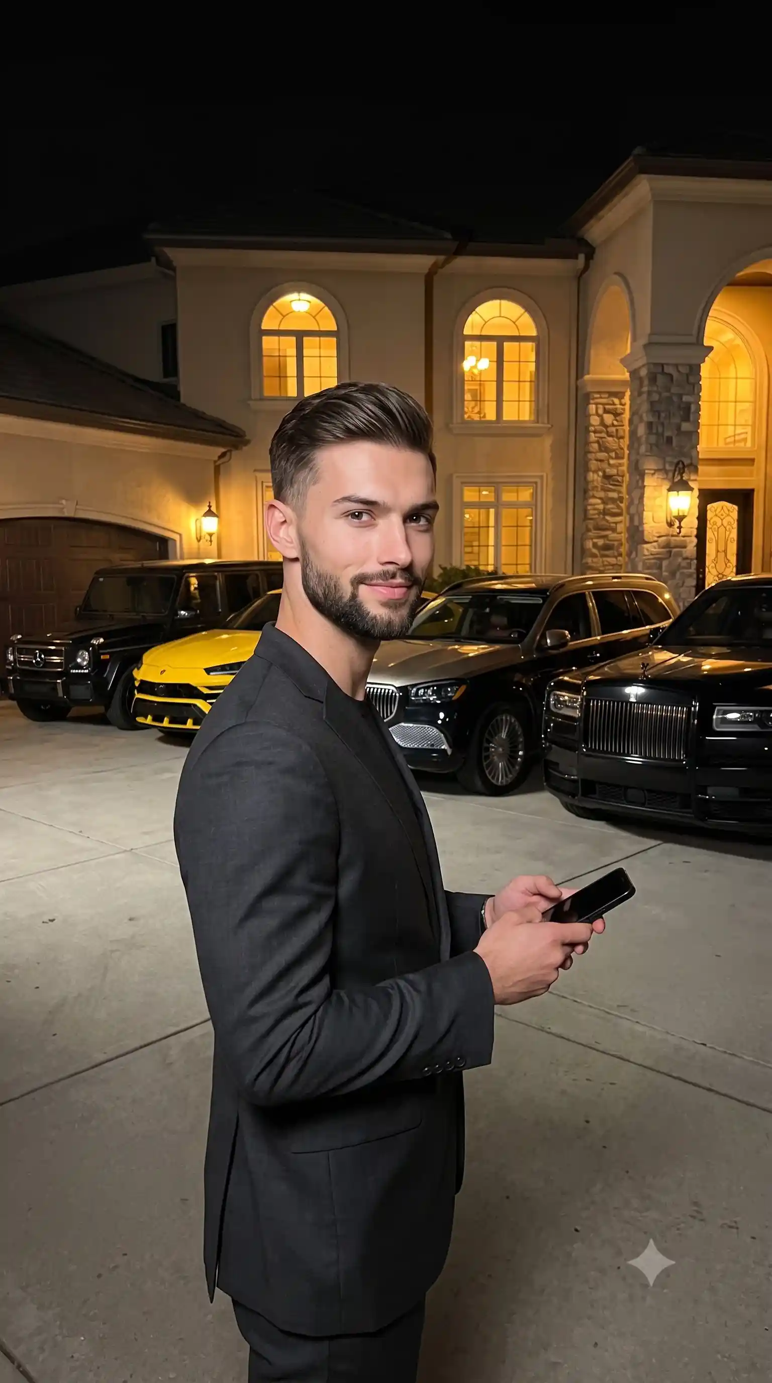 trend prompt: A young, conventionally attractive man with subtle stubble stands centered in a medium-scale view, his body angled in a relaxed forty-five-degree turn while he directs a confident, straight-on gaze at the viewer with a subtle, closed-mouth smile. He is dressed in a crisp, charcoal black tailored dark grey suit, with his relaxed hands holding a black smartphone in front of him; his left hand grips the bottom left corner with the thumb resting on the front edge and fingers wrapped behind, displaying slight structural AI generation blending, while his right hand grips the right side, partially obscured by the device. Directly behind his isolated foreground presence, the deep spatial midground reveals an asymmetric, pristine lineup of exotic vehicles parked on a warm grey concrete floor detailed with large slabs and curved expansion joints. To the left sits a boxy black Mercedes-Benz G-Class SUV with illuminated headlights next to thriving, manicured boxwood hedges warmly lit from below by garden path lights, while the center is dominated by a bright yellow Lamborghini Urus with an aggressive front fascia perfectly catching the light, flanked on the right by a two-tone beige and black Mercedes-Maybach GLS with a chrome vertical grille and a black Rolls-Royce Cullinan featuring its iconic Pantheon grille and rectangular headlights. In the deep right background, a pristine luxury mansion rises with smooth matte warm beige stucco walls accented by stone pillars and bathed in exterior up-lighting, its large arched glass windows glowing intensely with warm golden interior light alongside a vintage street lamp beneath a night sky blue-black atmosphere. The energetic, opulent nocturnal scene is illuminated by highly directional, bright, hard front lighting mimicking a strong on-camera flash balanced against ambient environmental light, creating a high-contrast split-complementary color profile where harsh, deep black, defined short shadows are cast directly onto the ground behind the man and beneath the vehicles. Specular highlights sharply define his smoothed forehead and face, the gleaming car hoods, glass windshields, and architectural pillars, while the hyperrealistic commercial digital photography captures the opulent perfection with tack-sharp precision, zero grain, and a deep depth of field simulating a 35mm lens at an f/4 aperture with a slow shutter speed, enhanced by high clarity post-processing, contrast enhancement, and rich color grading, all seamlessly framed in a 9:16 aspect ratio.