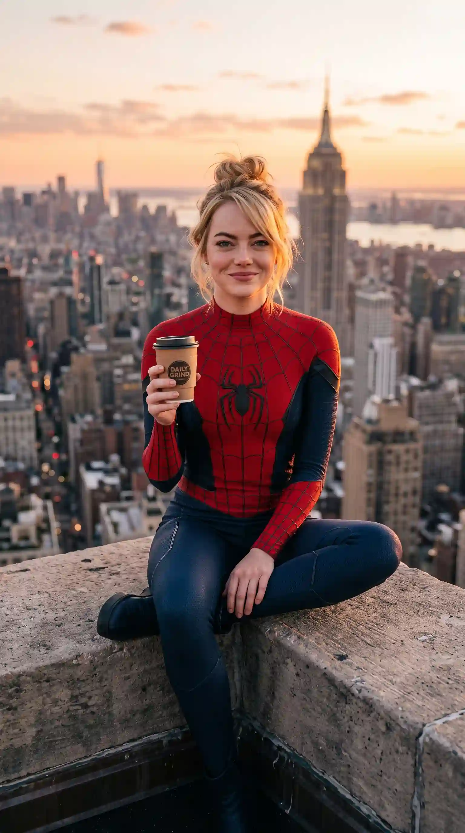 trend prompt: [NAME] as Spider-Woman. Long hair tied in a high bun with loose face-framing strands, soft friendly smile, looking directly at the camera. No mask or gloves, face fully visible with natural makeup. Tailor-made Spider-Woman suit crafted from high-density neoprene and textured stretch fabric with visible microfiber weave. Red torso panel featuring a matte embossed web pattern and a black vinyl spider emblem. Matte black side panels, sleeves, and legs with subtle satin stitching accents. Red web-pattern forearm panels and integrated rubber-soled boots. Sitting casually with crossed legs on the concrete ledge of a skyscraper. Left leg folded in front of the right. Head tilted slightly left, looking gently downward toward the camera. Holding a disposable cardboard takeaway coffee cup at chest level. Resting naturally on the left knee. Rooftop of a tall skyscraper with a weathered concrete ledge overlooking a vast modern metropolis. Golden hour at sunset. Expansive urban skyline with long shadows and atmospheric depth. Disposable cardboard takeaway coffee cup Natural golden hour backlighting. Warm sunset light creates soft rim lighting around the hair and shoulders, gentle reflected highlights across the suit's textures and facial features, soft natural shadows, cinematic contrast. Relaxed, intimate, cinematic, and urban. A quiet coffee break contrasts naturally with the high-performance superhero suit. Full-frame camera (Sony A7R V or Canon EOS R5) with an 85mm f/1.4 prime lens. Slightly low-angle medium shot. Professional editorial fashion and cosplay photography. Ultra-sharp focus on the eyes, realistic lens rendering, shallow depth of field, smooth natural bokeh, wide dynamic range, preserved highlight and shadow detail, highly detailed textures, strong three-dimensional depth, photorealistic, 8K. mask, gloves, extra people, low resolution, blurry, noise, overexposed, underexposed, cartoon, CGI, anime, illustration, deformed anatomy, bad hands, extra fingers, duplicated limbs, cropped face, watermark, logo, text, oversaturated colors, excessive HDR, plastic skin, artificial smile
