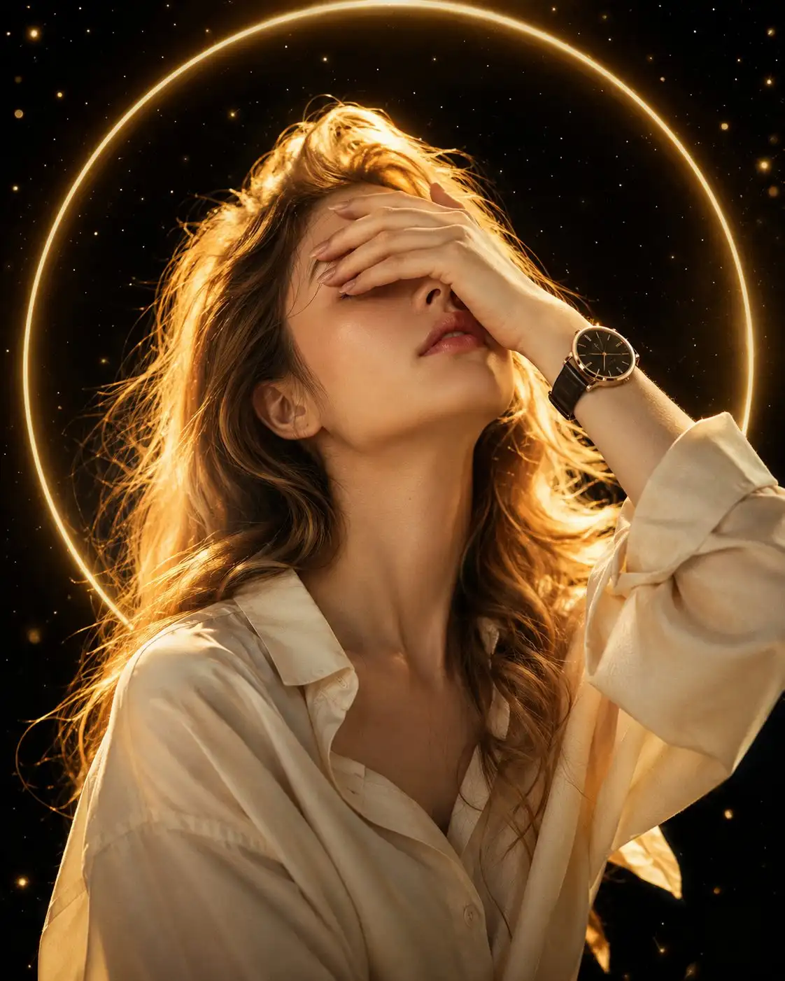 trend prompt: A dreamy cinematic portrait of a beautiful young woman with long, wavy golden-blonde hair, wearing a cream-beige oversized shirt and a black leather strap luxury wristwatch. She gently covers her eyes with one hand while facing slightly upward, revealing a graceful jawline and elegant neck. Soft warm golden rim lighting illuminates her hair, creating a glowing halo effect. A perfect luminous golden circle frames her against a deep black background filled with tiny sparkling stars and floating golden particles. Ultra-realistic, highly detailed skin, cinematic lighting, premium fashion photography, shallow depth of field, soft glow, luxurious aesthetic, 8K masterpiece.