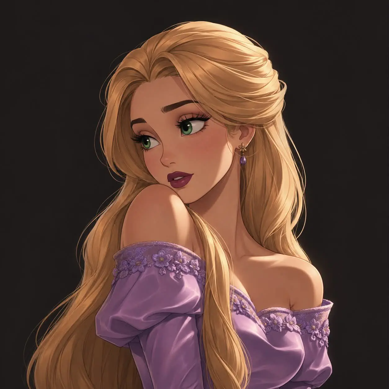 trend prompt: Ultra-detailed elegant fantasy princess portrait, waist-up, graceful over-the-shoulder pose, looking sideways with a soft, dreamy expression, large expressive eyes with long lashes, delicate facial features, smooth porcelain skin, glossy lips, subtle blush, luxurious voluminous hair with soft flowing strands and intricate styling, ornate gemstone earrings matching the outfit, off-shoulder royal gown with embroidered floral lace, metallic embroidery, pearls and fine embellishments, rich satin and silk fabric with realistic folds and sheen, cinematic warm rim lighting, soft studio key light, dramatic shadows, dark seamless background, Disney-inspired fairytale aesthetic blended with modern anime illustration, semi-realistic digital painting, painterly yet highly refined, crisp linework, ultra-clean rendering, premium concept art quality, vibrant but elegant color palette, perfect anatomy, highly detailed hair, fabric and jewelry, shallow depth of field, centered composition, 8K, masterpiece, best quality.