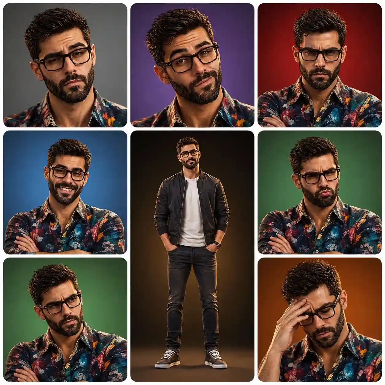 trend prompt: Create a polished 3×3 character-expression portrait sheet featuring the same normal young adult male character use image for face reference throughout all panels. He has short, slightly tousled dark hair, natural eyebrows, warm expressive eyes, light stubble, a defined but friendly face, and realistic youthful proportions. Keep his facial identity, hairstyle, skin tone, and clothing consistent across every panel. Arrange the portraits in a clean 3×3 grid with rounded-square panels and soft white spacing. Center panel: full-body character standing confidently with a relaxed slight smile, wearing a modern casual outfit - dark bomber jacket over a plain light T-shirt, dark jeans and clean sneakers, hands casually in pockets. Surrounding panels: close-up or half-body portraits showing different expressive emotions and poses: 1. unimpressed / skeptical expression, gray background 2. playful confident smirk with one raised eyebrow, purple background 3. genuinely angry expression, arms crossed, red background 4. happy mischievous grin, arms crossed, blue background 5. calm friendly smile, warm black-to-gold background 6. annoyed pout, arms crossed, green background 7. frustrated skeptical expression, arms crossed, green background 8. stressed / embarrassed expression with one hand on his forehead, orange-brown background Style: high-end polished 3D animated movie character, modern stylized realism, attractive ordinary young man, subtle caricature but natural proportions, realistic skin texture, detailed eyes and hair, expressive eyebrows and facial muscles, cinematic soft lighting, subtle rim lighting, smooth materials, vibrant studio backgrounds, professional character-expression sheet, consistent character identity in every panel, clean symmetrical composition, rounded corners, white borders, sharp focus, premium 3D rendering, 4K.