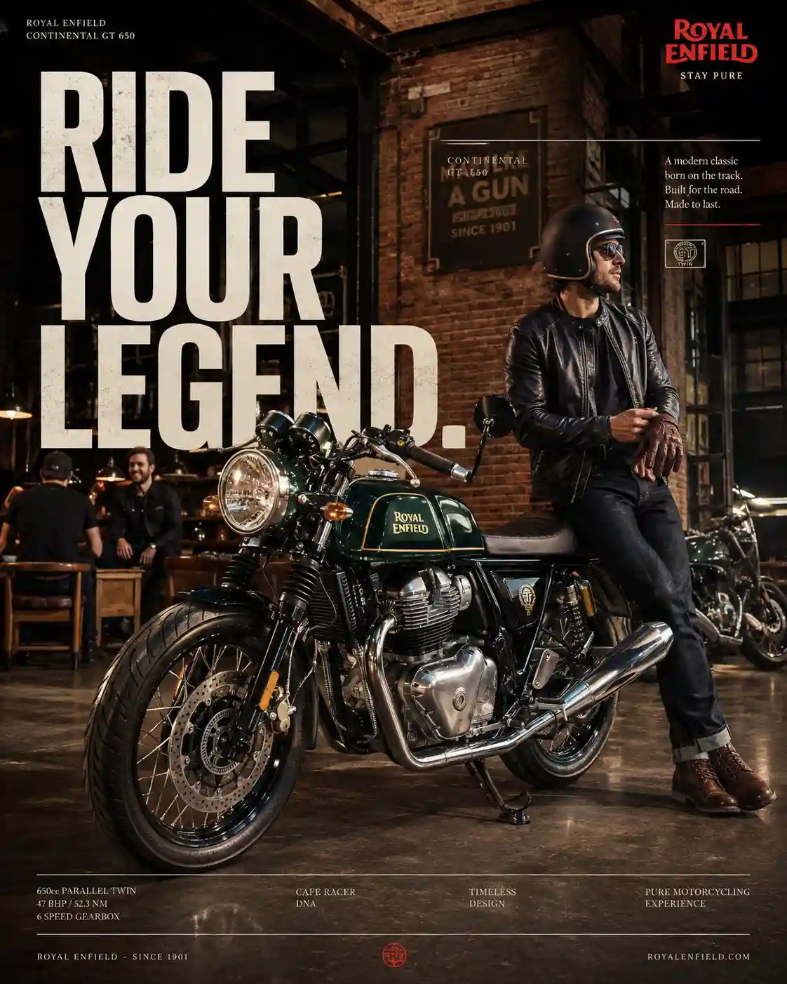 trend prompt: Create an ultra-premium Instagram social media campaign poster for the Royal Enfield Continental GT 650 that feels like an official Royal Enfield global campaign created by AKQA, Wieden+Kennedy and Pentagram, featured on Behance and awarded at Cannes Lions. 4:5 vertical composition, 8K ultra-high resolution, hyper-realistic commercial motorcycle photography, premium editorial advertising, cinematic realism, handcrafted visual storytelling, bold minimalist graphic design. The hero motorcycle is the latest Royal Enfield Continental GT 650 in British Racing Green with chrome engine, polished twin exhausts, classic wire-spoke wheels, sculpted café-racer fuel tank, authentic Royal Enfield badging, clip-on handlebars and factory specification. The motorcycle dominates nearly 70% of the composition from a dramatic low front three-quarter angle, photographed with impeccable realism and perfect proportions. Every reflection, weld, spoke, tyre tread, cooling fin and brushed-metal surface is physically accurate. [oai_citation:1‡Royal Enfield]( https:// royalenfield.com/in/en/motorcyc les/continental-gt/?utm_source=chatgpt.com …) The motorcycle is parked outside a beautifully restored industrial brick warehouse transformed into a contemporary motorcycle workshop and riders' café. Vintage brick walls, black steel-framed windows, polished concrete, handcrafted leather furniture, subtle Royal Enfield heritage details and warm industrial architecture create an authentic café-racer environment. A few modern classic motorcycles are softly blurred in the background, reinforcing riding culture without distracting from the hero bike. A young rider wearing a premium black leather jacket, dark denim, heritage riding boots and an open-face helmet casually leans against the motorcycle while removing leather riding gloves. The posture feels natural and confident, never posed. Another rider inside the café laughs with friends over coffee, creating the feeling of an active motorcycle community rather than a staged photoshoot. The entire composition is designed as a premium social media advertisement, not a wallpaper. Large editorial typography reading: RIDE YOUR LEGEND. integrates into the architecture using oversized white and muted cream lettering. The motorcycle partially overlaps the typography, creating depth and premium graphic hierarchy. Small technical labels, subtle grid lines, café-racer inspired geometric panels and minimal editorial annotations create a sophisticated design language without clutter. Colour palette: British Racing Green, deep charcoal black, warm brick red, vintage cream, brushed aluminium, chrome silver, leather brown and subtle Royal Enfield red accents. The design feels timeless, handcrafted and authentic. Lighting is warm late-afternoon golden hour with soft sunlight entering through industrial windows, creating rich reflections across chrome surfaces, realistic shadows, beautiful paint depth and premium commercial motorcycle photography. Slight atmospheric dust catches the light, adding depth without becoming cinematic smoke. Captured on a Phase One XF IQ4 150MP medium-format camera with an 80mm Schneider Kreuznach lens, ultra-high dynamic range, shallow but realistic depth of field, flawless colour science, premium analogue film aesthetic inspired by Kodak Portra 400, natural skin tones, crisp metal textures and exceptional material realism. Design style combines Royal Enfield heritage, Scandinavian editorial minimalism, luxury automotive advertising and premium Instagram campaign design. Large areas of negative space, clean composition, bold typography, modern graphic blocks and magazine-quality layout create a scroll-stopping social media poster. Avoid: motorcycle wallpaper aesthetic, racing track, speed effects, drifting, wheelies, fire, smoke, neon lighting, cyberpunk, unrealistic reflections, AI artifacts, floating elements, excessive grunge, overdesigned graphics, fantasy environments, plastic materials, exaggerated HDR, oversized logos, cheap dealership styling, or cluttered composition. The final artwork should look like the hero cover of an official Royal Enfield global campaign - timeless, handcrafted, premium and instantly desirable, making viewers want to stop scrolling and ride.