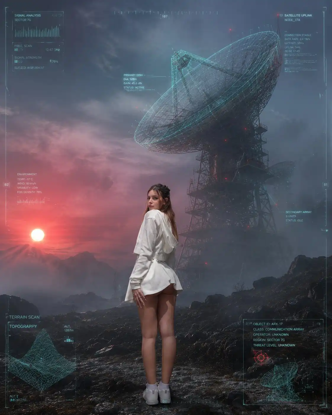 trend prompt: A cinematic, science-fiction shot of the attached model, her expression, clothing, and appearance completely unaltered, standing alone on a rocky, misty terrain. In the background rises a gigantic metal lattice tower with enormous parabolic antennas shrouded in mist. To the left, a bright red sun shines on a hazy horizon. The entire scene is overlaid with futuristic holographic HUD interfaces, cyan wireframe 3D analytics graphics surrounding the main antenna, and data panels with text and graphics in the corners. Hyperrealistic, cinematic style, atmospheric and melancholic lighting, cool color palette with red accents