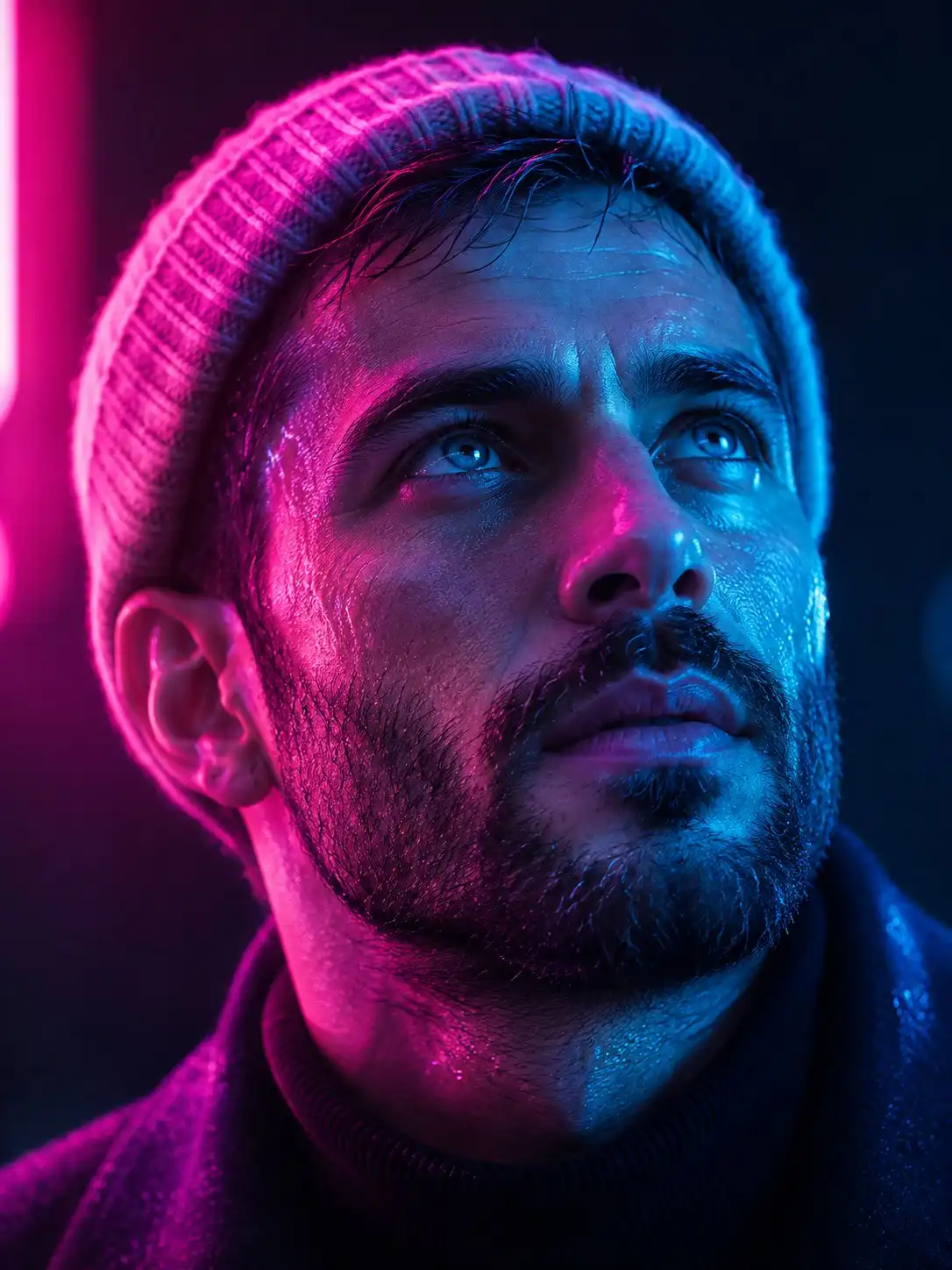 trend prompt: Ultra-realistic cinematic close-up portrait of a rugged adult man wearing a dark knitted beanie and black high-neck sweater, short dark hair, thick eyebrows, piercing blue eyes looking slightly upward, full neatly trimmed beard and mustache, strong masculine facial features, detailed skin texture and pores, subtle facial lines, dramatic split lighting with intense neon magenta/pink light from the left and electric cyan/blue light from the right, deep dark background, cyberpunk atmosphere, high contrast, moody expression, shallow depth of field, sharp focus on the eyes and face, volumetric neon glow, rich saturated colors, professional studio photography, 85mm portrait lens, f/1.4, HDR, photorealistic, extremely detailed, cinematic color grading, 8K.