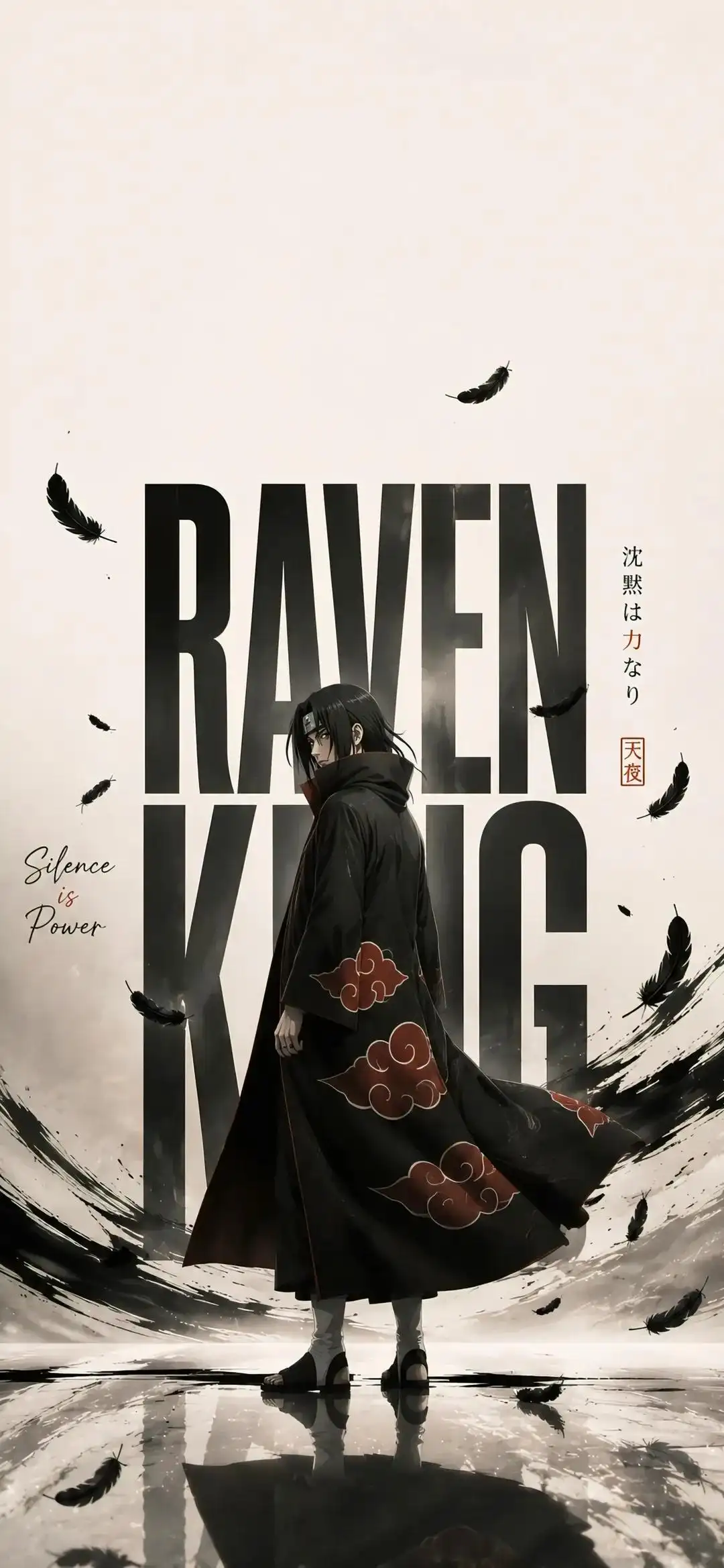 trend prompt: Create a premium cinematic anime editorial poster and device mockup featuring a mysterious young male shinobi standing alone in a rain-soaked minimalist landscape. He wears a long flowing black cloak with subtle deep-red traditional cloud motifs, dark shinobi sandals, and a black forehead protector. His long black hair moves slightly in the wind, with a calm, serious expression and his body turned slightly away while looking back toward the camera. Behind him, use huge condensed bold black typography reading "RAVEN KING", integrated into the composition and partially obscured by the character. Add elegant handwritten text on the left reading "Silence is Power" and small vertical Japanese typography on the right. Surround the character with scattered black feathers floating through the air. The ground is glossy and reflective, creating a strong mirror reflection of the character. Add dramatic Japanese ink-brush strokes sweeping across the lower background, mixed with soft gray mist and subtle atmospheric texture. Minimal cream/off-white background, black typography, muted charcoal tones, and restrained dark red accents. High-end fashion editorial meets cinematic anime key art, sophisticated Japanese graphic design, strong negative space, dramatic composition, sharp character details, realistic fabric folds, cinematic lighting, subtle film grain, premium poster aesthetic. Then present the finished poster as a realistic premium product mockup: an open modern laptop on a warm beige desk displaying the exact poster fullscreen, with a modern smartphone standing beside it displaying the same artwork. Soft morning sunlight enters through a window, creating natural diagonal shadows on a warm neutral wall. Minimal ceramic vase with green branches on the left, small stationery items on the right, realistic materials and reflections, shallow depth of field, luxury creative-studio atmosphere, photorealistic product photography. 9:16 poster artwork, ultra-detailed, cinematic, clean typography, coherent composition, no watermark, no unnecessary objects.