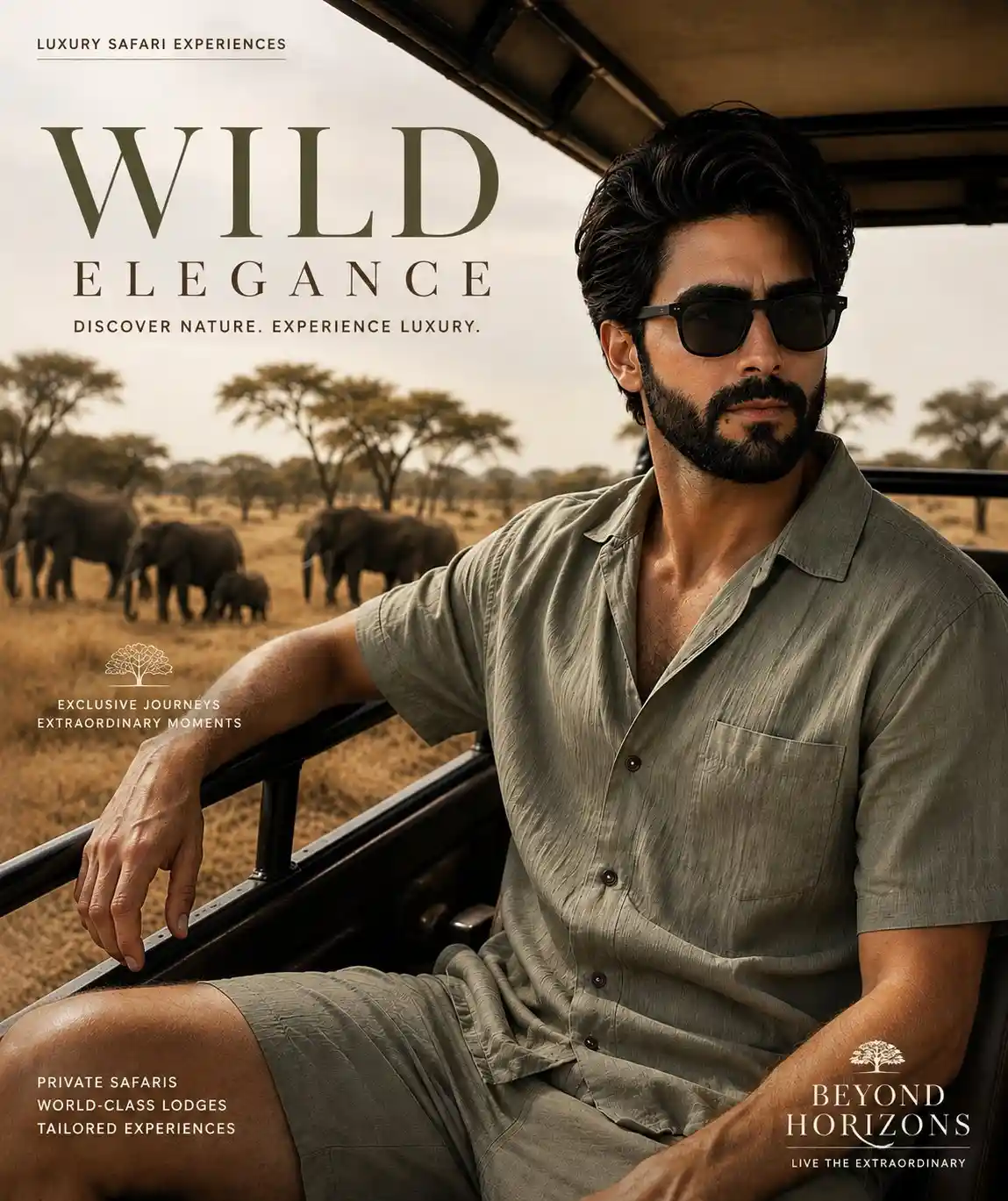 trend prompt: Create an ultra-realistic luxury safari travel magazine cover featuring a confident South Asian man seated inside an open safari vehicle during golden hour in the African savannah. He wears an olive-green linen short-sleeve safari shirt with matching tailored shorts and premium black sunglasses. His posture is relaxed, with one arm resting naturally on the vehicle's side rail while looking off into the distance with a calm, adventurous expression. In the softly blurred background, a herd of elephants, including a baby elephant, walks across golden grasslands dotted with iconic acacia trees. The safari vehicle roof frames the upper portion of the composition, creating a premium cinematic perspective. Photographed on a full-frame DSLR, 85mm lens, f/1.8, ultra-high-resolution RAW. Warm cinematic natural lighting, physically accurate shadows, realistic skin pores, subtle imperfections, fine facial hair, detailed fabric textures, authentic linen wrinkles, true-to-life colors, shallow depth of field, crisp focus on the subject, premium editorial color grading, luxury travel advertisement aesthetic, National Geographic × Condé Nast Traveller quality, hyper-realistic, 8K. Magazine cover design with elegant minimalist typography, premium serif headline "WILD ELEGANCE", subtitle "Luxury Safari Experiences", clean editorial layout, refined spacing, sophisticated travel branding, luxury brochure aesthetics, high-end print-ready composition. Negative Prompt: cartoon, anime, CGI, illustration, painting, plastic skin, wax skin, beauty filter, AI artifacts, blurry, low resolution, distorted anatomy, extra fingers, extra limbs, oversaturated colors, watermark, logo, random text, compression artifacts.