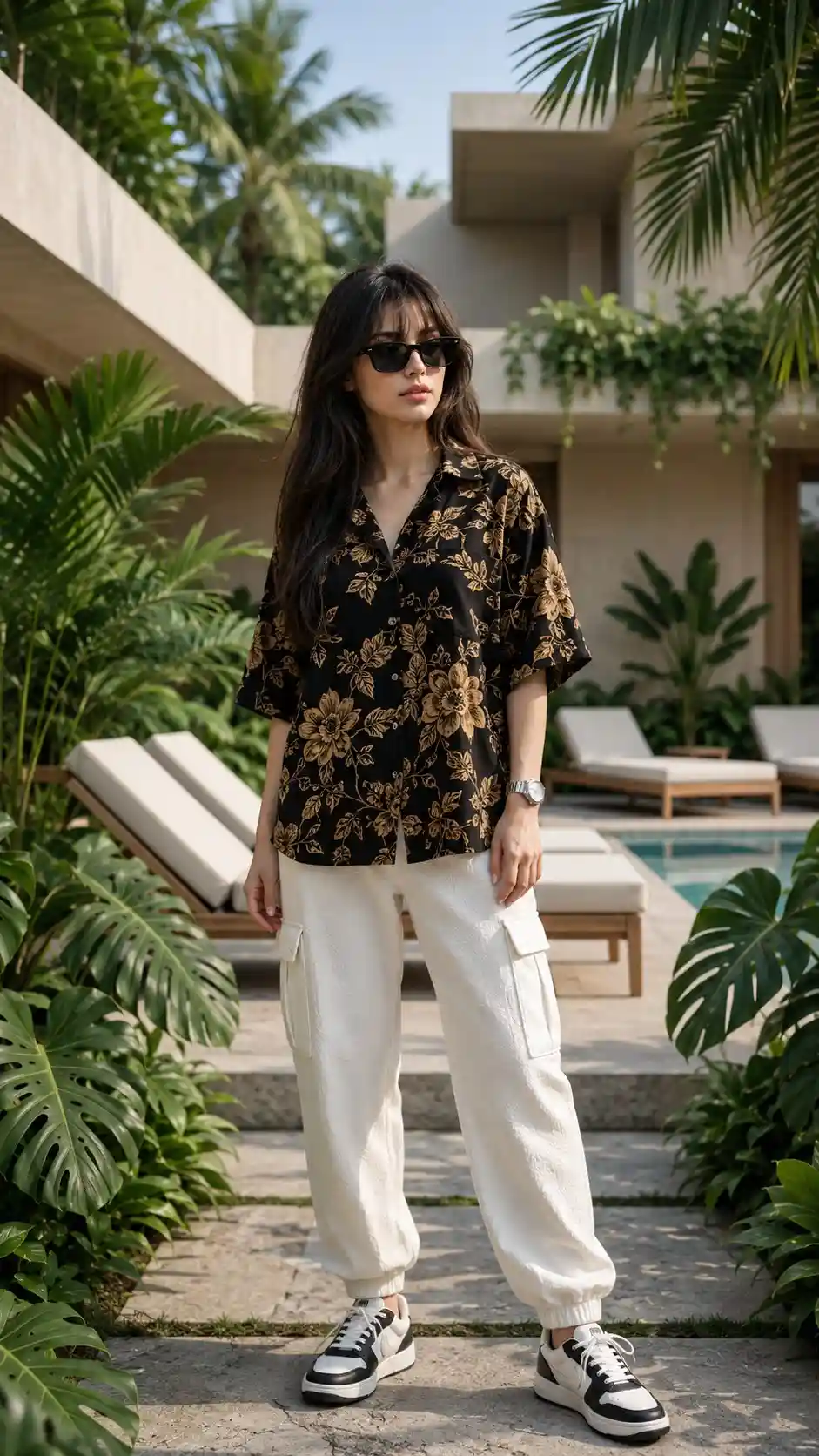 trend prompt: Ultra-photorealistic full-body fashion photo of a stylish young woman standing in a luxury tropical villa beside a swimming pool. Long dark hair, black sunglasses, black oversized floral shirt, white cargo jogger pants, silver watch, black-and-white sneakers. Lush palm and monstera plants, modern beige villa, poolside loungers, warm natural daylight, realistic skin and fabric texture, cinematic fashion photography, 9:16 vertical, 8K, natural anatomy.