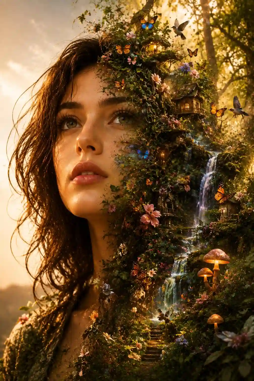 trend prompt: Create an ultra-realistic fantasy portrait in vertical 9:16 format. A beautiful young woman stands centered in the composition. The left side of her face and body remains completely photorealistic with natural skin texture, expressive green-hazel eyes, soft freckles, flowing chestnut hair, and warm cinematic golden-hour lighting. Instead of a digital transformation, the right side of her portrait gradually blossoms into a breathtaking enchanted forest. Her hair transforms into twisting tree branches, emerald vines, delicate leaves, flowering plants, and moss-covered roots that grow naturally from within her silhouette. Hidden throughout the transformation are tiny woodland cottages nestled among branches, cascading waterfalls flowing through miniature cliffs, glowing mushrooms, winding stone staircases, crystal-clear streams, colorful wildflowers, butterflies, hummingbirds, songbirds, dragonflies, ferns, ivy, blooming cherry blossoms, ancient oak trees, and soft rays of sunlight filtering through the forest canopy. Golden dust particles drift through the air while tiny fireflies create a magical atmosphere. The transition should feel organic and seamless, as though her thoughts are becoming a living ecosystem rather than a split portrait. The composition should emphasize growth, serenity, imagination, and harmony with nature. Color palette: rich emerald greens, warm golden sunlight, earthy browns, soft moss tones, subtle pink and lavender flowers, crystal blue water, and gentle amber highlights. Minimal background with soft bokeh, cinematic volumetric lighting, shallow depth of field, extraordinary micro-details, premium fantasy realism, masterpiece quality, award-winning digital art, 8K, HDR, ultra sharp, highly detailed, elegant composition, no text, no watermark, no logos, no frame, no extra limbs, no deformed features.