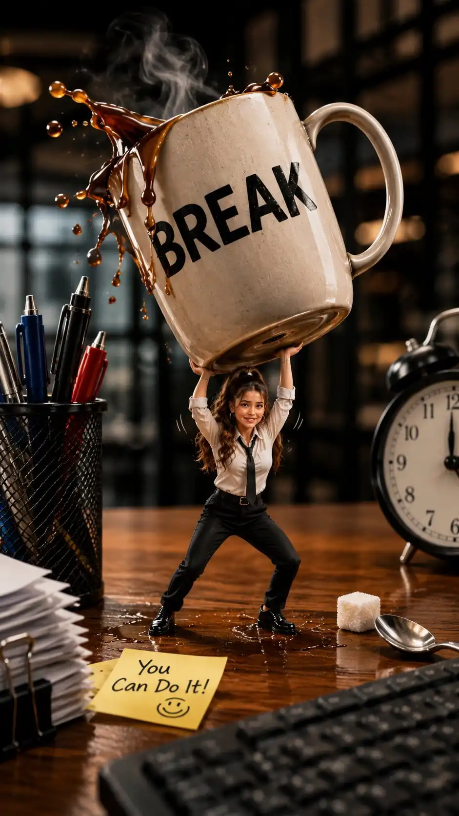 trend prompt: Create an ultra-realistic cinematic miniature office scene using my uploaded face reference. Preserve my exact facial features, face shape, skin tone, hairstyle, and identity with maximum accuracy. Make me appear as a tiny realistic businessman standing on a wooden office desk, struggling to hold a huge beige ceramic coffee mug above my head with both hands, as if the mug is extremely heavy. The mug should be tilted slightly and filled with hot coffee, with coffee dramatically splashing and spilling from the top, realistic droplets frozen in mid-air. The mug must have the word "BREAK" clearly printed in large bold black letters on the front. Place a large black metal mesh pen holder filled with colorful pens on the left side, a classic vintage alarm clock on the right, scattered papers and a keyboard in the foreground, a small sugar cube and metal spoon on the desk, and a yellow sticky note reading "You Can Do It! :)". Add realistic coffee spills and reflections on the polished wooden desk. Use dramatic cinematic office lighting, shallow depth of field, realistic shadows, detailed textures, natural skin details, photorealistic miniature proportions, dynamic action, 35mm DSLR photography, high-end commercial advertising style, ultra-detailed, HDR, 8K, realistic motion and splash effects. Keep my face clearly recognizable and naturally integrated into the miniature body. Vertical composition, 9:16 aspect ratio.