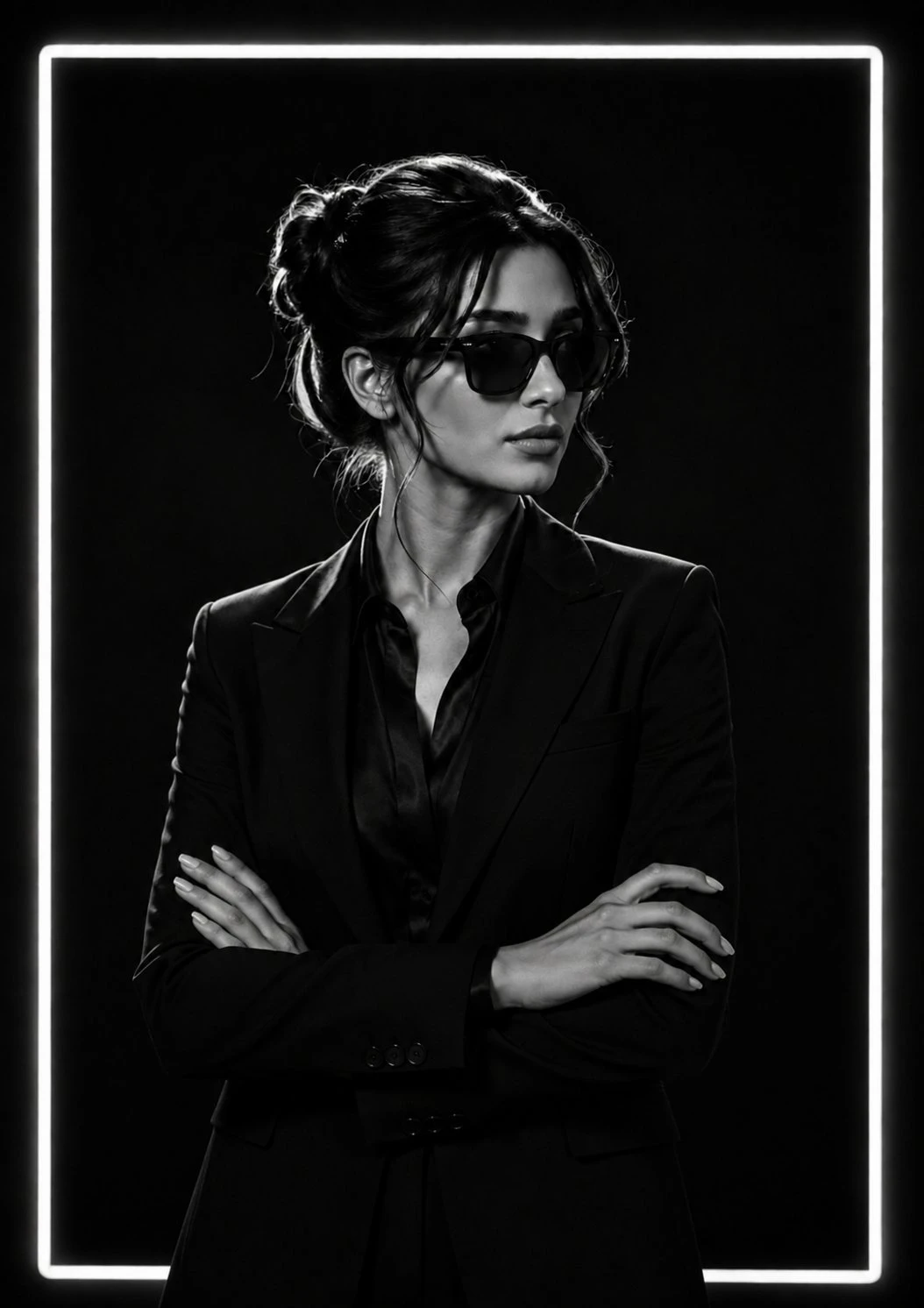 trend prompt: Create an ultra-realistic cinematic black-and-white fashion portrait that matches the reference image as closely as possible. HAIRSTYLE - VERY IMPORTANT: Recreate the SAME hairstyle as the reference: dark long hair pulled into a messy, elegant low/high bun at the back, with natural loose strands framing both sides of the face and a few soft strands falling around the forehead and cheeks. Hair should have the same volume, texture, messy-but-elegant styling, and overall silhouette as the reference image. Do not use straight loose hair. The bun hairstyle must be clearly visible and closely match the reference. POSE: Match the reference pose extremely closely. Chest-up to waist-up portrait. Body facing mostly forward. Head turned slightly toward the RIGHT side of the image. Face looking toward the right, NOT directly at the camera. Confident, serious, composed expression. Chin slightly raised. Shoulders relaxed and naturally positioned. Both hands placed inside the blazer pockets, exactly like the reference. Recreate the same elegant confident fashion-model posture. OUTFIT - MATCH THE REFERENCE: Wear the same style of clothing: a sophisticated tailored black blazer with structured shoulders, black satin/silk-like button-up shirt underneath, shirt slightly open at the collar, no tie, all-black luxury executive fashion styling. The blazer should have the same cut, lapels, button placement, pocket details, and overall silhouette as the reference. Keep the outfit modest, elegant, fully covered, and professional. SUNGLASSES: Add the same style of black sunglasses as the reference image. Dark matte/black sunglasses with a similar rectangular/cat-eye shape, size, position, and angle. The sunglasses must sit naturally on MY face without changing my facial proportions. BLACK-AND-WHITE STYLE: Pure cinematic monochrome black-and-white photography. Deep blacks, rich grayscale tones, strong contrast, realistic skin texture, dramatic shadows, premium luxury editorial photography. LIGHTING - VERY IMPORTANT: Recreate the distinctive lighting from the reference image. The