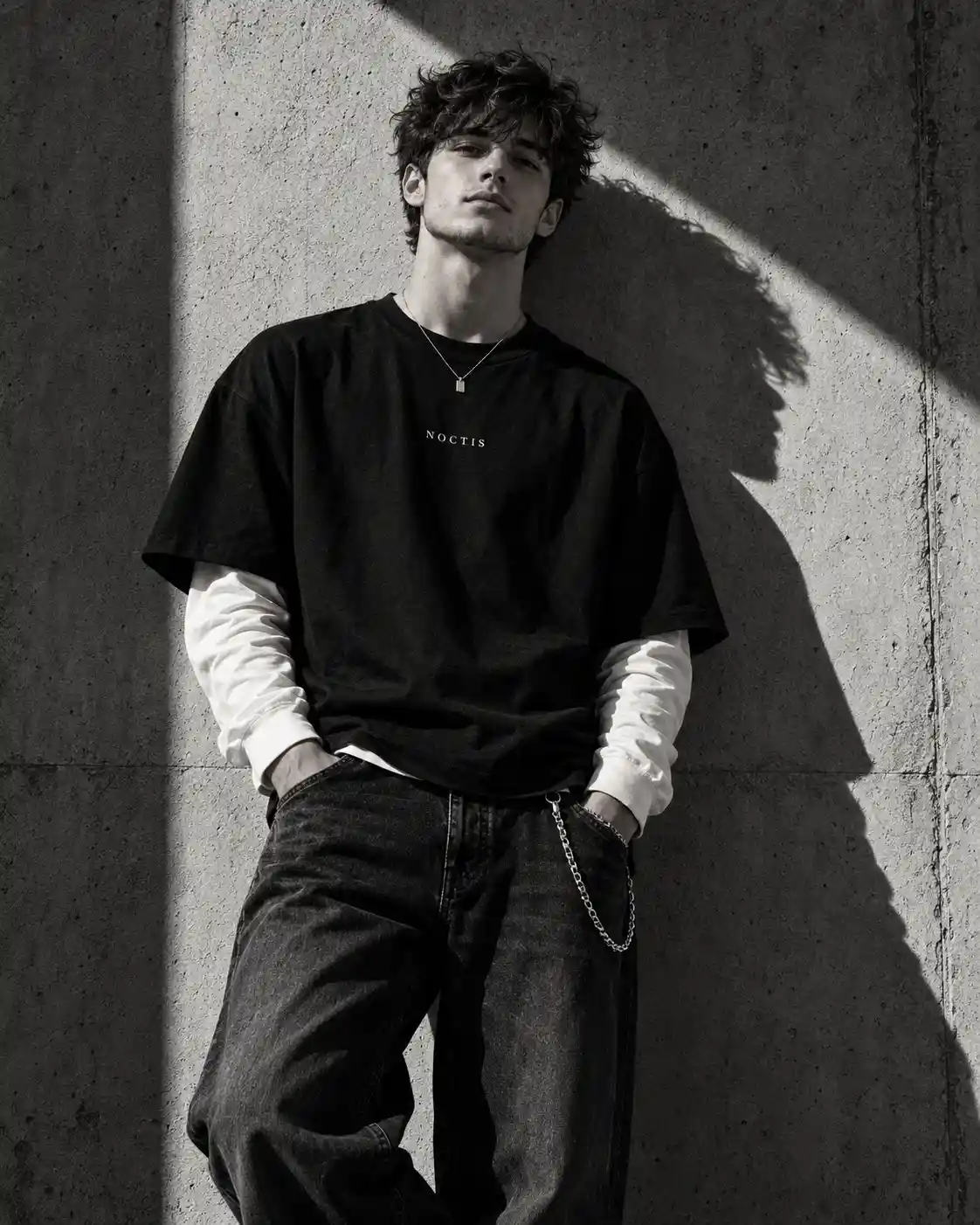 trend prompt: Create a high-fashion black and white editorial portrait of a young man with thick naturally curly dark hair, wearing an oversized black T-shirt with a small minimalist "NOCTIS" logo centered on the chest, layered over a white long-sleeve shirt. He wears loose dark jeans with a silver wallet chain hanging from the waistband and subtle jewelry. He is standing casually against a textured concrete wall with both hands resting inside his pockets. His head is slightly tilted upward, looking confidently toward the camera with a calm, serious expression. A strong diagonal beam of sunlight cuts across the wall and his face, creating a dramatic hard shadow of his silhouette behind him. High contrast monochrome photography, deep blacks, bright highlights, detailed skin texture, natural curly hair, dramatic directional lighting, minimalist composition, fashion magazine aesthetic, subtle film grain. Vertical 4:5 composition, medium-full body framing, 50mm lens, sharp facial details, cinematic shadows, professional studio-editorial photography, photorealistic, 4K