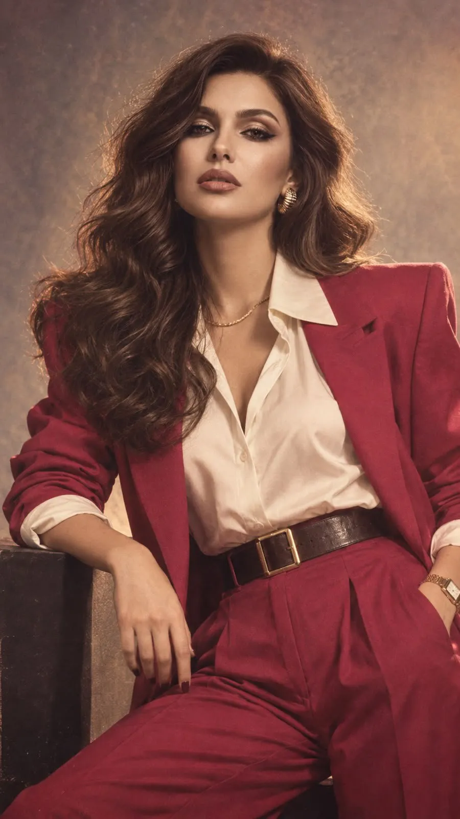 trend prompt: Create a vertical, ultra-photorealistic portrait of the same clearly adult woman from the reference image, preserving her facial identity, facial structure, skin tone, hair characteristics, and overall appearance. Give her an authentic 1980s fashion-editorial look with a confident, effortless attitude. She is posing confidently with relaxed shoulders, strong posture, and a subtle self-assured expression, looking directly toward the camera. Her pose should feel natural and charismatic rather than overly staged. Style her in an elegant vintage 80s outfit: a sophisticated fitted top or blouse with tasteful coverage, high-waisted trousers or a classic high-waisted skirt, subtle shoulder structure, and period-accurate accessories such as small statement earrings, a delicate necklace, and a vintage wristwatch. Use rich but tasteful 1980s colors and textures. Set the scene in a classic 1980s studio fashion environment, with a softly textured backdrop, warm analog lighting, gentle film grain, subtle lens softness, and authentic vintage color rendering. The overall aesthetic should resemble a high-end fashion photograph from an 80s magazine-glamorous, confident, sophisticated, and nostalgic. Natural skin texture, realistic fabric detail, authentic proportions, realistic hands, cinematic lighting, 35mm film photography aesthetic, subtle grain, soft highlights, shallow depth of field, no modern objects, no contemporary styling, no text or watermark
