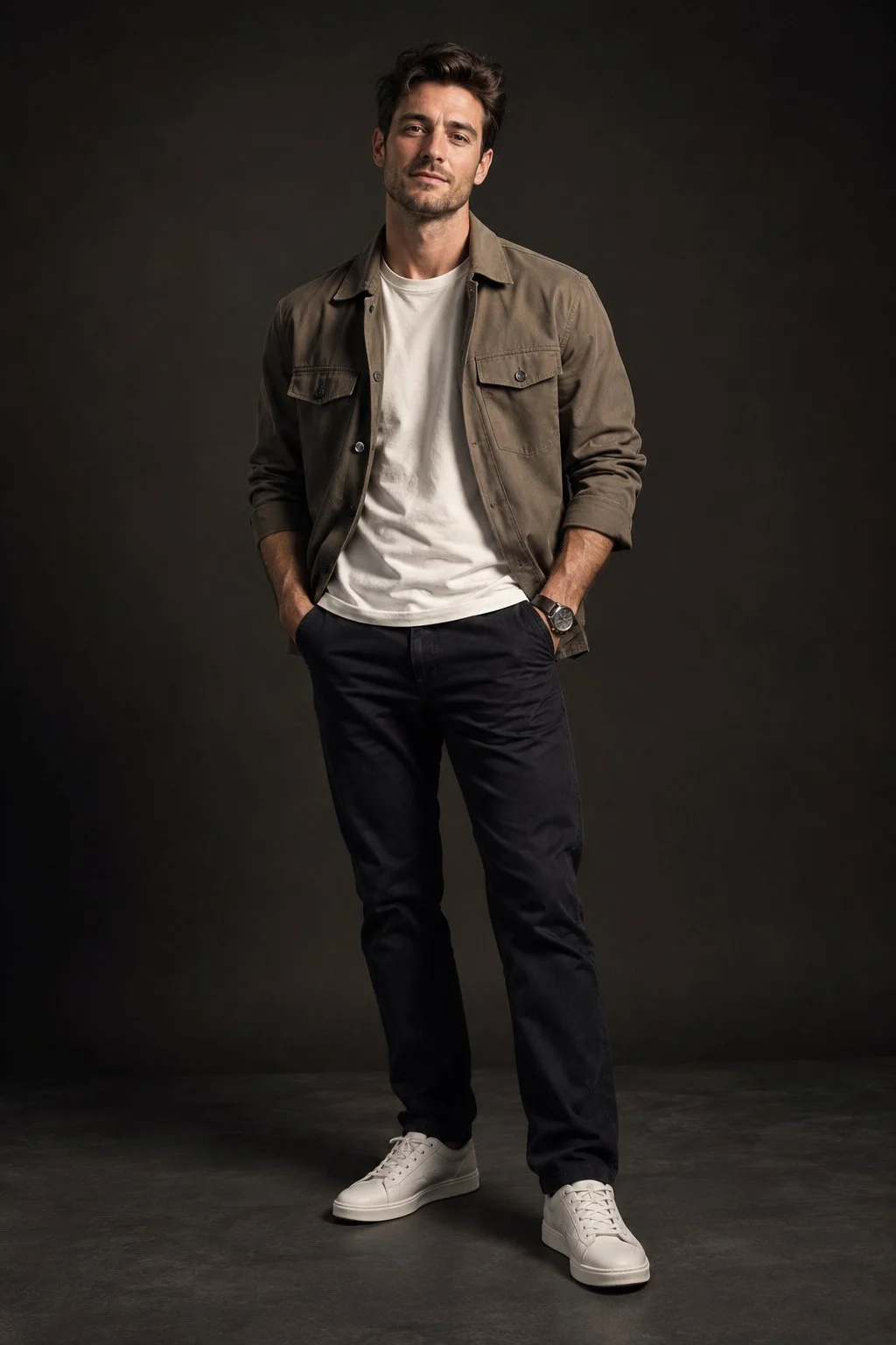 trend prompt: Photorealistic studio portrait of an average British man in his late 20s to early 40s, natural appearance, realistic facial features, short well-groomed hair, light stubble or clean-shaven. He stands confidently with a relaxed posture, conveying quiet self-assurance. He wears a stylish, comfortable, modern casual outfit, a well-fitted neutral-toned jacket or overshirt, premium plain t-shirt, tailored trousers or dark jeans, and clean minimalist sneakers. The look is contemporary, understated, and effortlessly fashionable. Shot in a professional studio with minimal lighting: a soft key light focused on the subject with gentle shadow falloff, dark neutral background, high contrast, and strong subject isolation. Lighting highlights facial structure, textures, and silhouette while keeping the environment subtle. Sharp focus on the subject, shallow depth of field, natural skin texture, realistic fabric detail, editorial fashion photography style, ultra-realistic, high resolution. Negative prompt (optional): blur, heavy retouching, unrealistic skin, dramatic fashion styling, cluttered background, extra limbs, distortion, cartoonish style