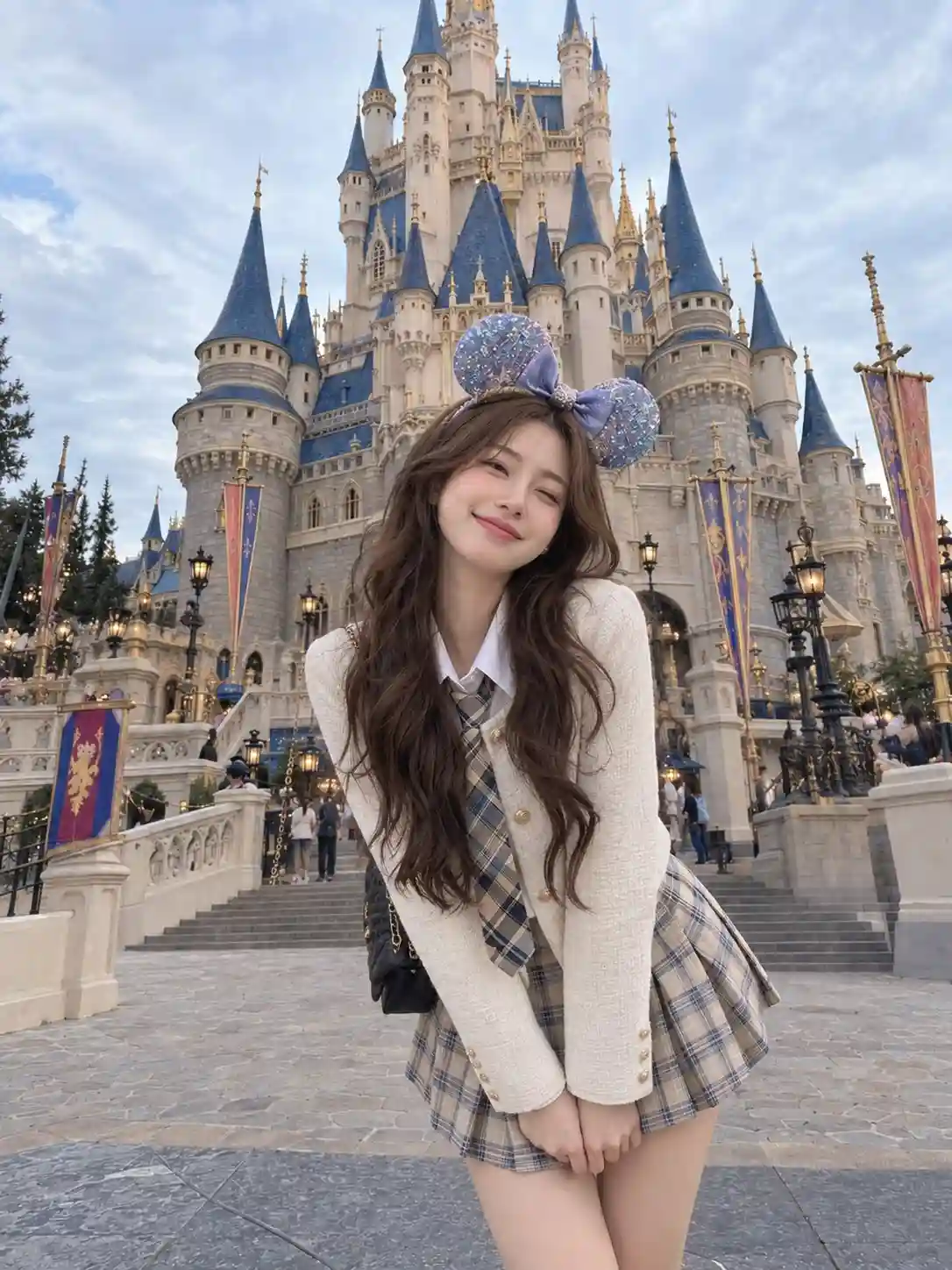 trend prompt: A realistic candid travel photo of a young East Asian woman having a fun, magical day at a fairytale castle. She's standing in front of a grand European-style fantasy castle with tall ivory towers, elegant blue rooftops, golden spires, intricate stone details, and beautiful old-world architecture. The castle takes up most of the background, giving the scene a dreamy theme-park vacation feel. She has long, naturally wavy chestnut-brown hair falling loosely over her shoulders and back. She's wearing a cute blue-and-lavender glittery mouse-ear headband and smiling naturally while looking slightly upward and to the side, as if caught in a genuine happy moment. She wears a cropped cream-white textured jacket with gold buttons over a clean white collared shirt and patterned plaid tie. Her high-waisted beige, cream, and muted-blue plaid skort has soft pleats that move naturally with her pose. She stretches both arms outward and leans slightly toward the camera with an excited, playful energy. The pose feels spontaneous rather than posed, like a real vacation snapshot. The castle courtyard behind her has wide pale-stone steps, decorative railings, colorful banners, and detailed medieval-inspired architecture. The sky is softly overcast with pale blue-gray clouds, creating gentle, flattering daylight and natural shadows. Ultra-photorealistic travel photography, authentic youthful appearance, realistic skin texture, natural hair strands, detailed fabric textures, believable proportions, soft depth of field, subtle natural shadows, vibrant but slightly muted colors, candid smartphone photo aesthetic, dreamy vacation atmosphere, highly detailed, vertical 3:4 composition